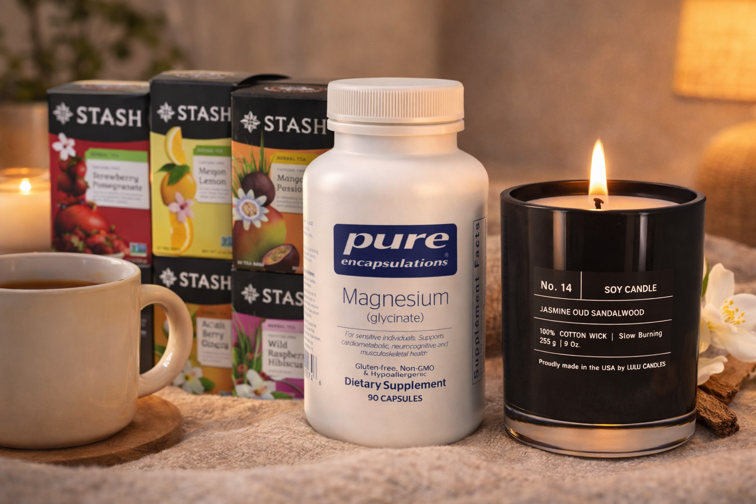 Tea, magnesium supplement bottle, and lit candle arranged on a cozy tabletop display.
