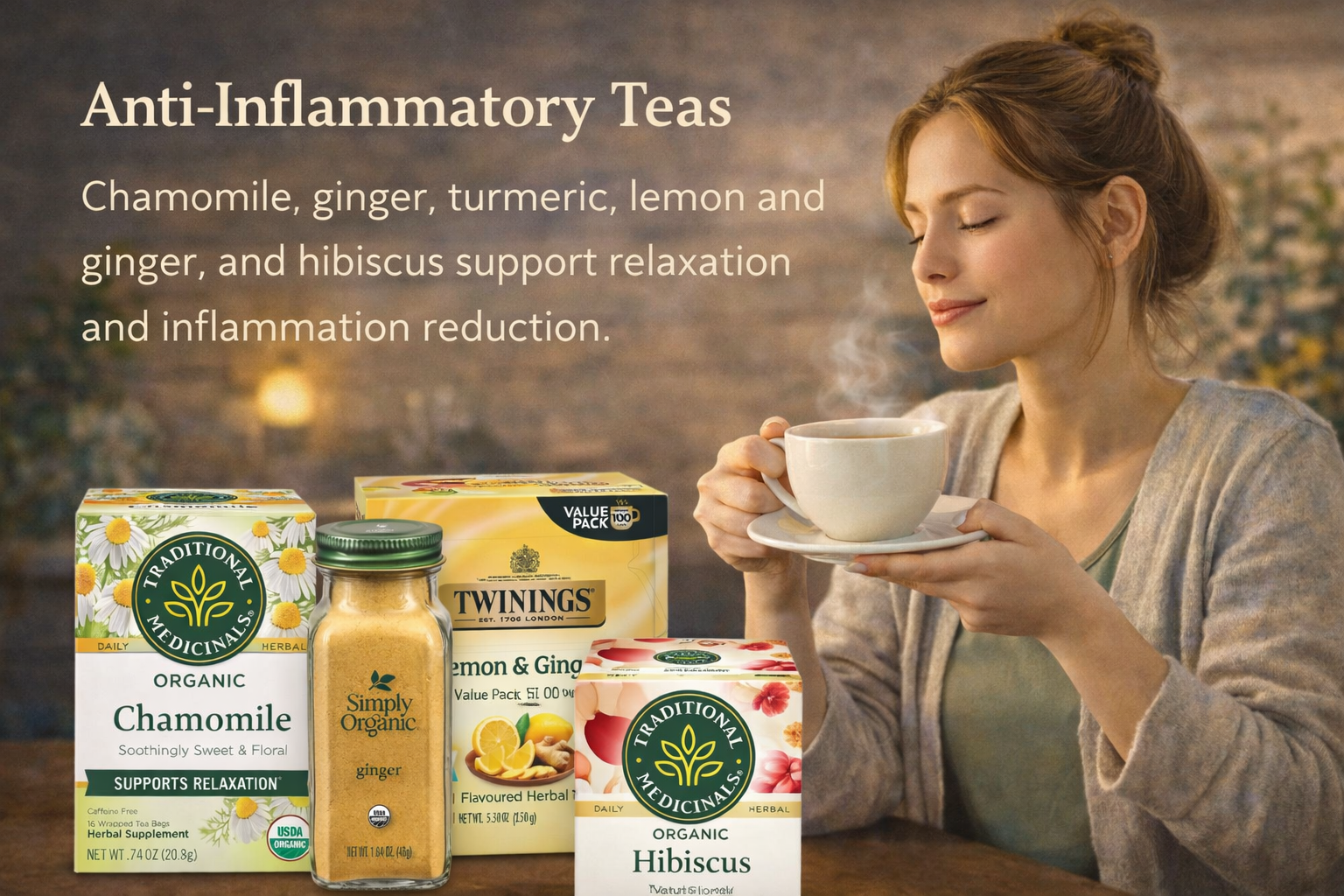 Anti-inflammatory teas with chamomile, ginger, turmeric, lemon and ginger, and hibiscus beside a woman holding a cup