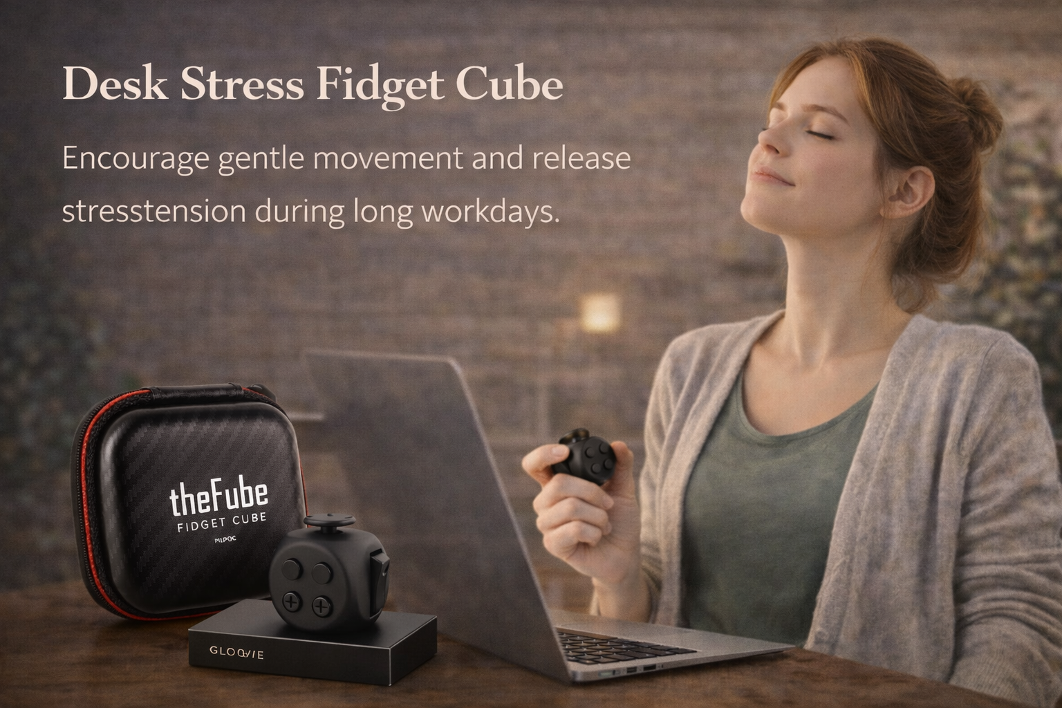 Woman using a desk stress fidget cube beside a laptop with product packaging on a wooden table
