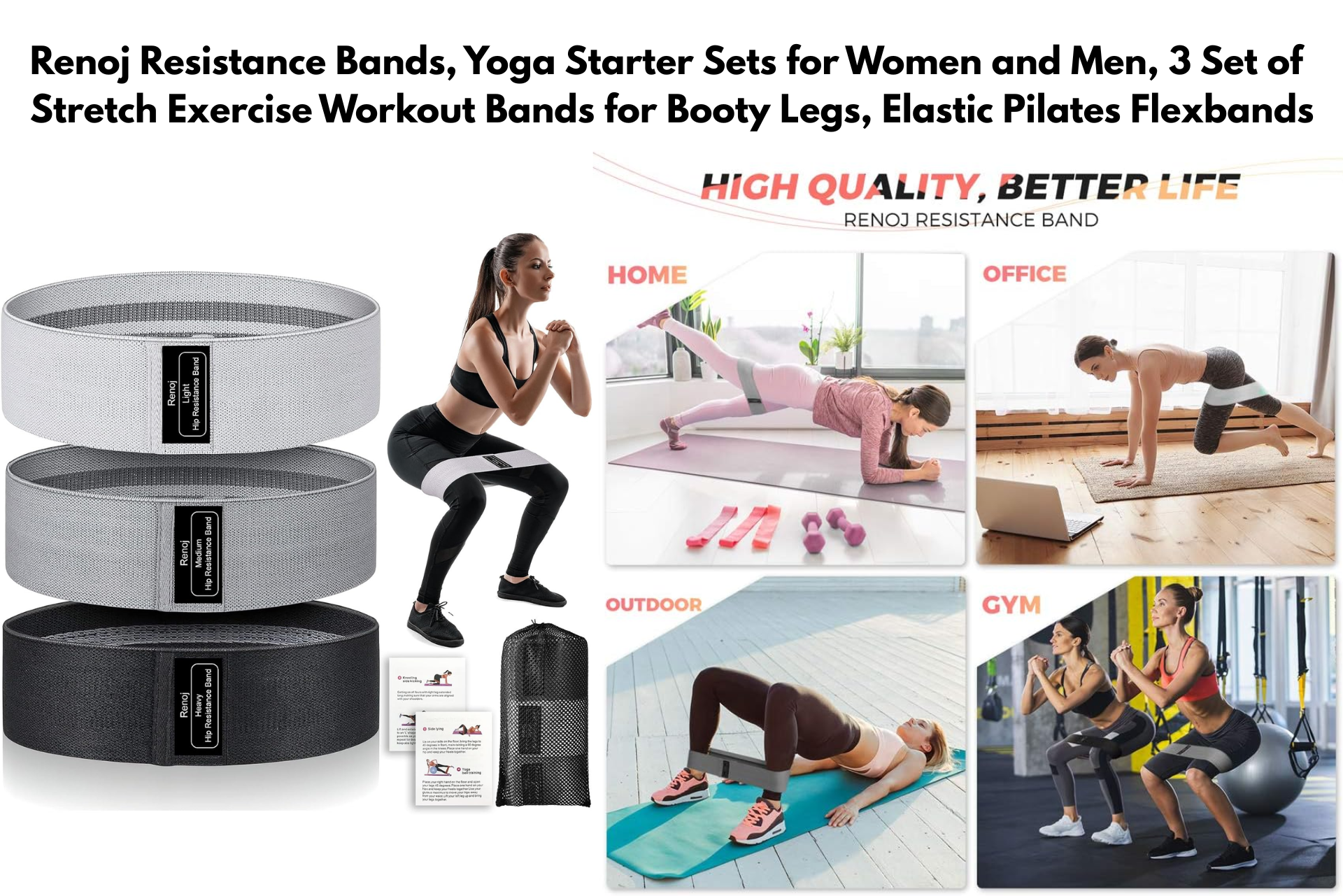 Renoj Resistance Bands set with 3 loop bands for yoga, exercise, and booty workouts, plus workout scenes