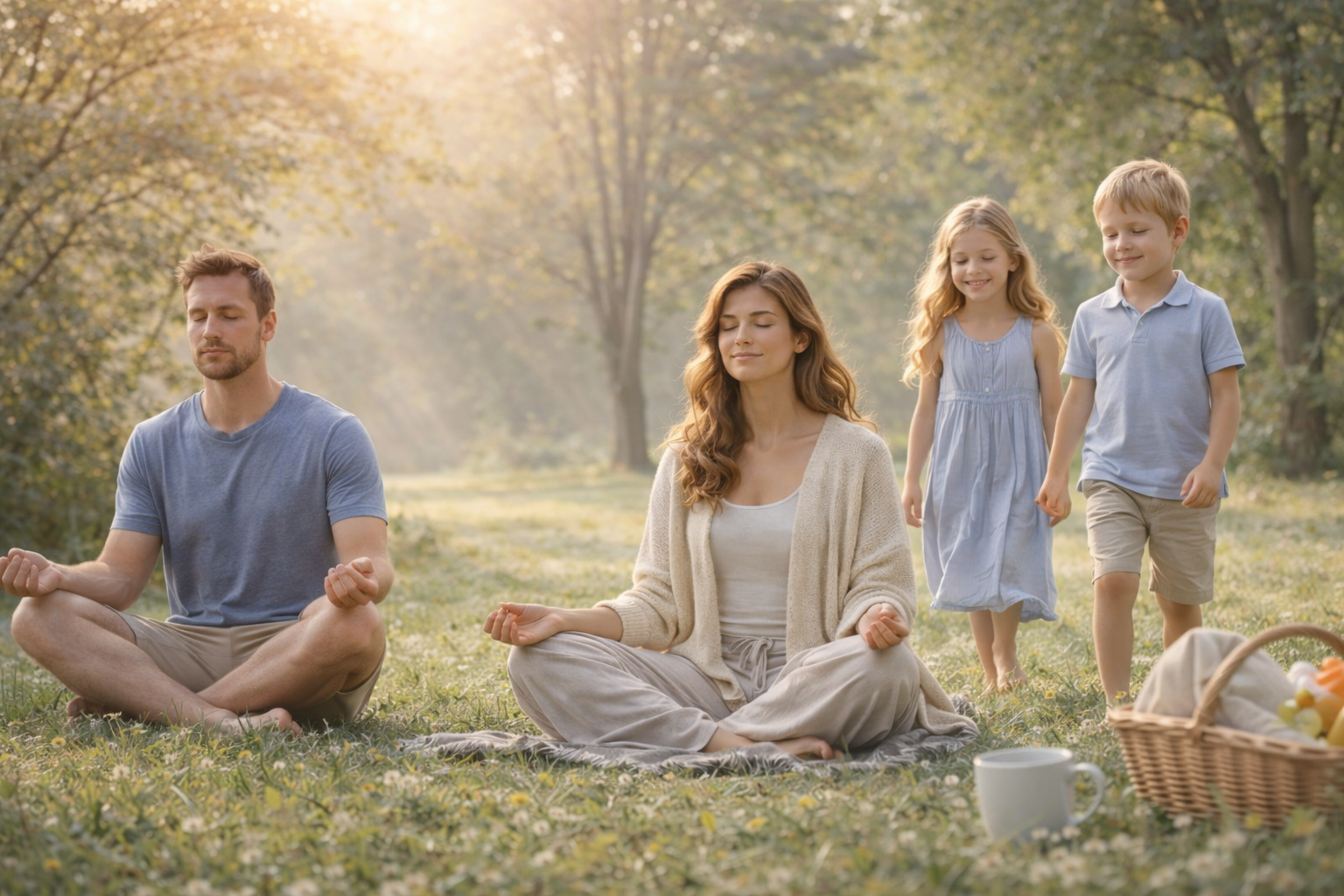 Family doing yoga in a sunlit park picnic setting, with a basket and pitcher nearby