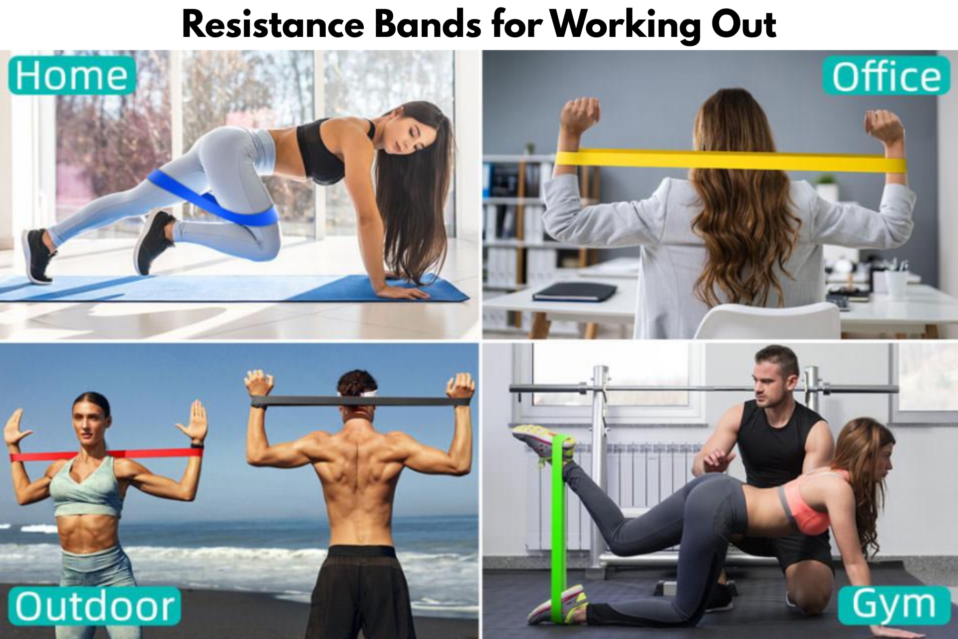 Resistance bands used for workouts in home, office, outdoor, and gym settings.