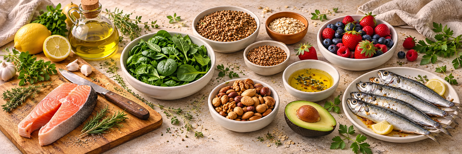 Mediterranean diet foods – salmon, sardines, greens, berries, nuts and olive oil