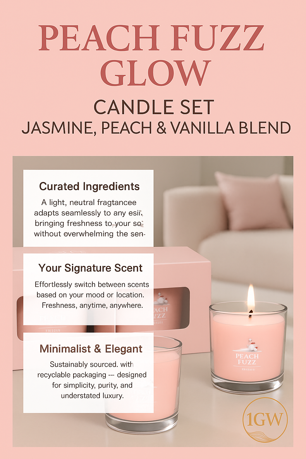 Peach pink candle set ad with jasmine, peach, and vanilla scents, showing a lit candle and product labels