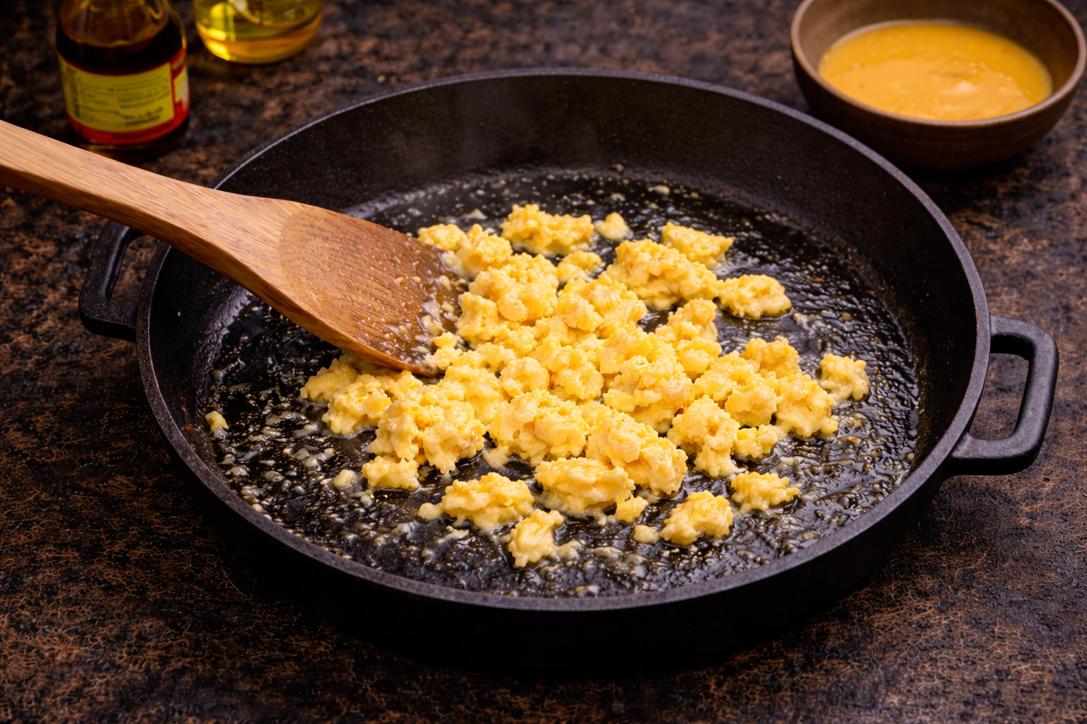 Scrambled eggs cooking in a black skillet with a wooden spatula on a kitchen counter