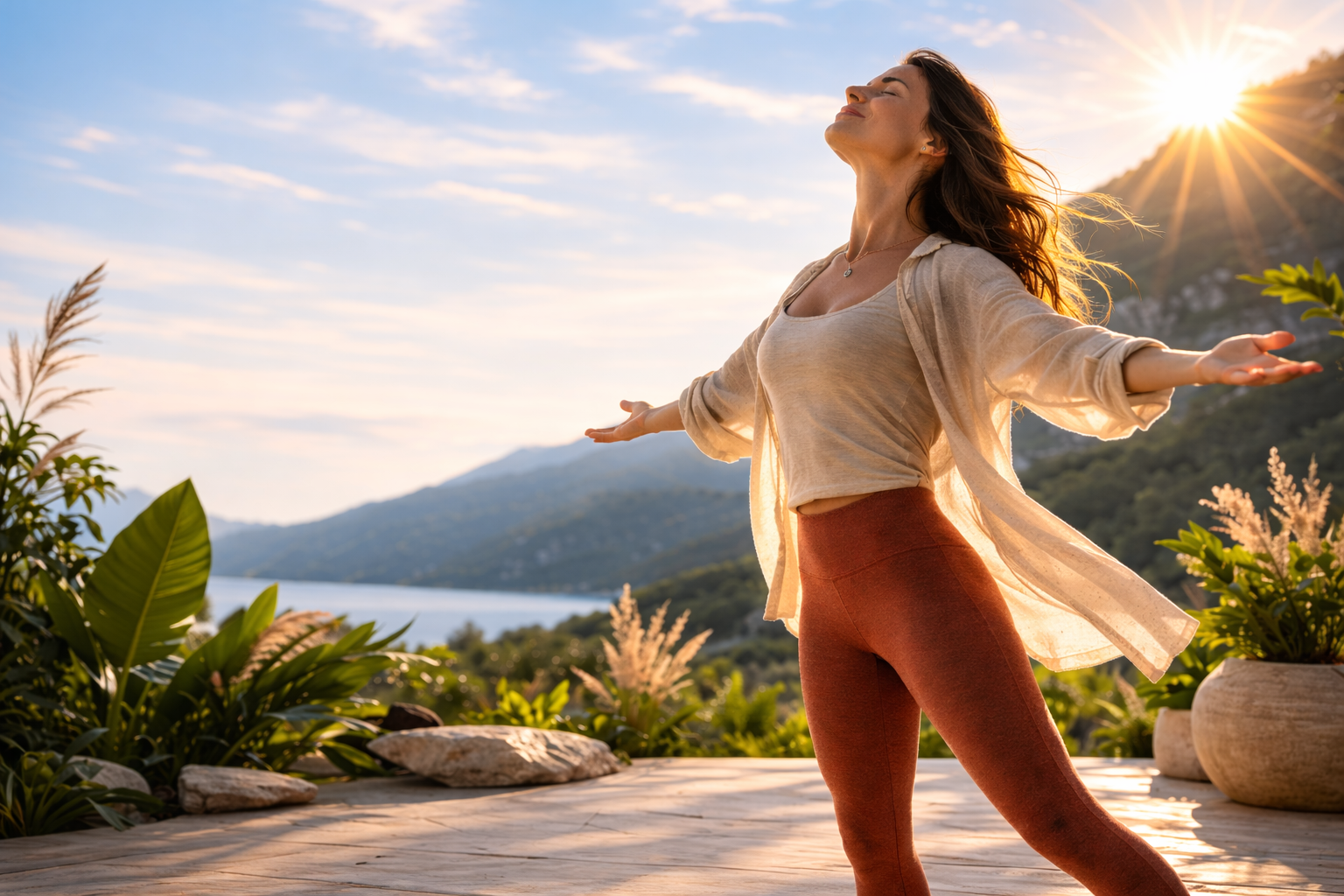 Woman standing with arms outstretched at sunrise on a tropical terrace, with mountains and ocean in the background