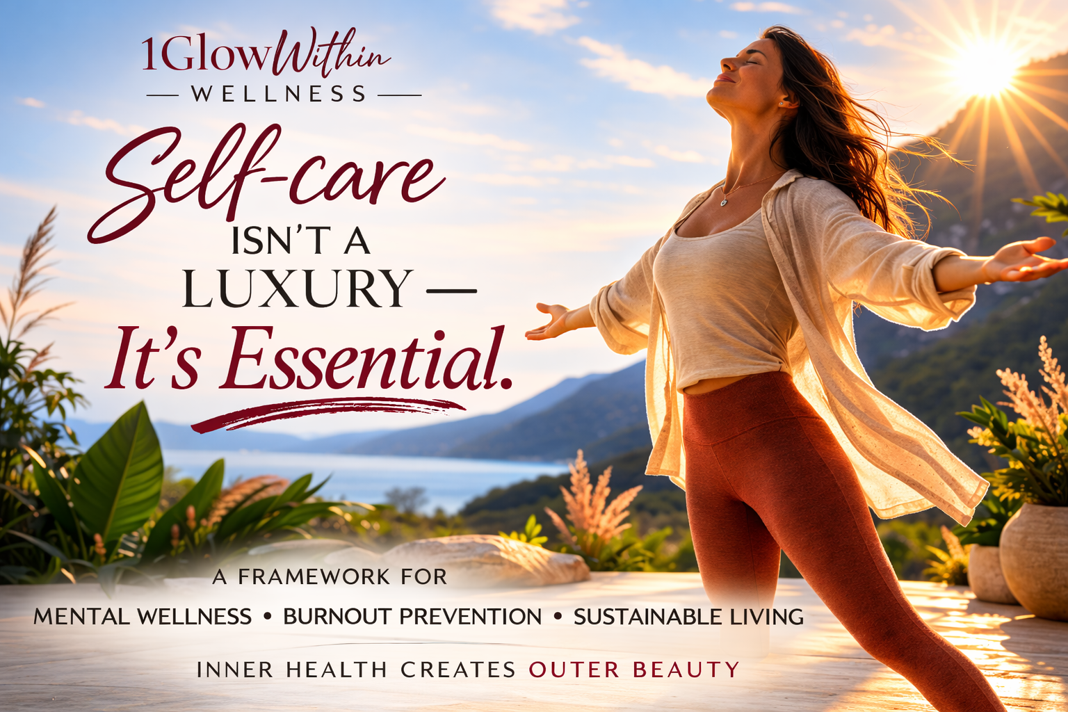 Woman standing outdoors at sunrise with arms open beside text: “Self-care isn’t a luxury—it’s essential.”