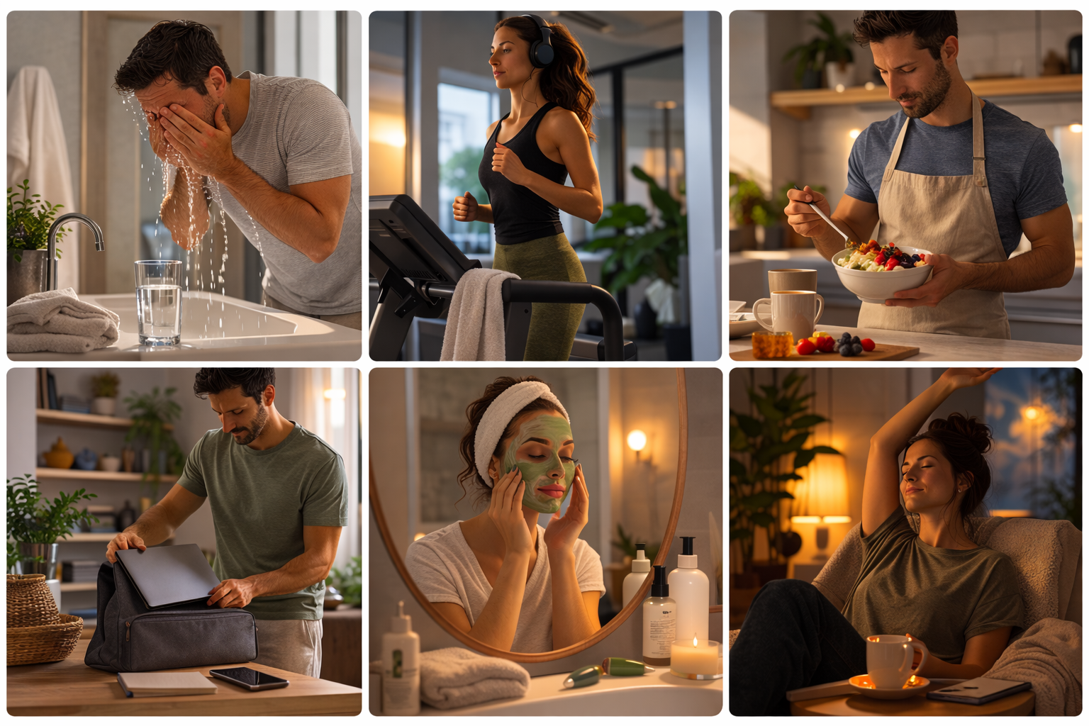 Six people in warm-lit home scenes: washing face, cooking, doing laundry, and relaxing by candlelight.