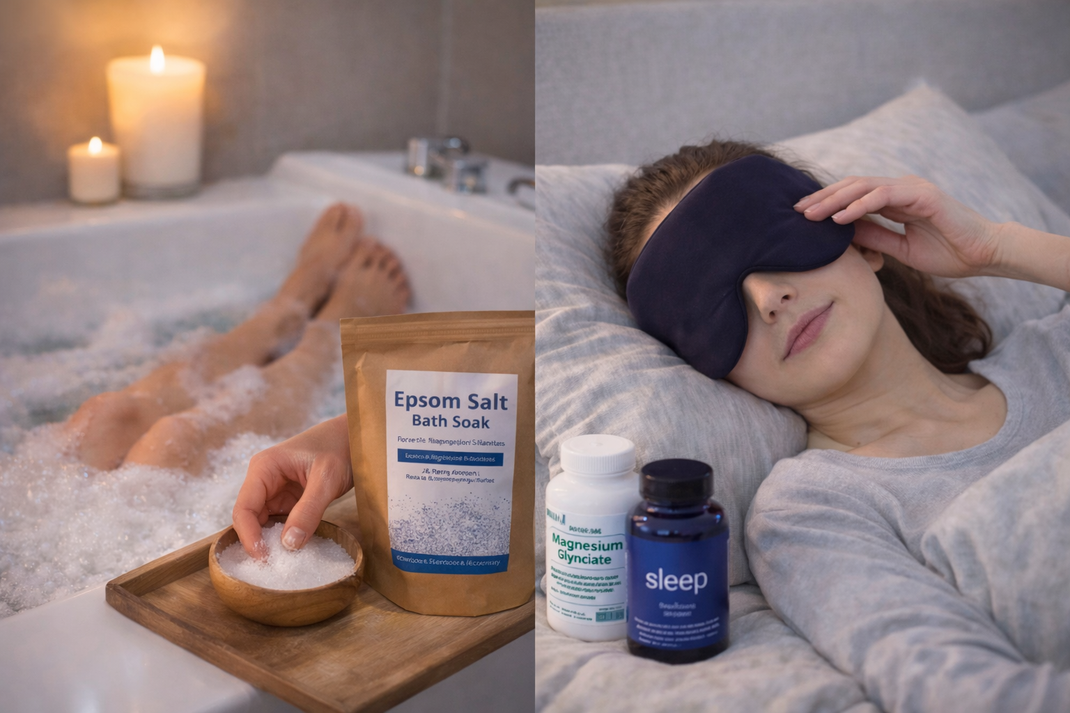 Person resting with sleep mask beside bath salts and sleep supplements on a tray in a softly lit bed.