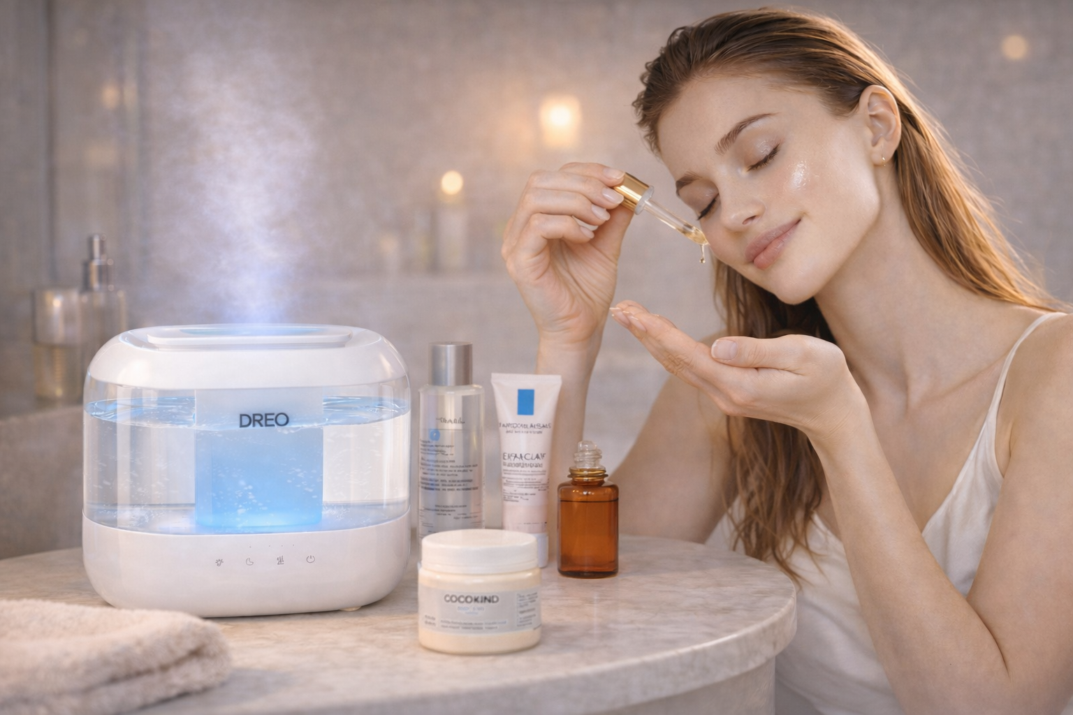 Woman applying skincare beside a white and blue beauty device in a soft, modern bathroom