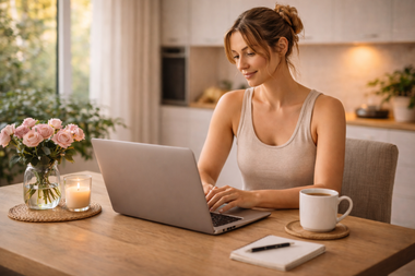 Woman working on a laptop at a wooden table with coffee, flowers, and a notebook in a cozy home setting