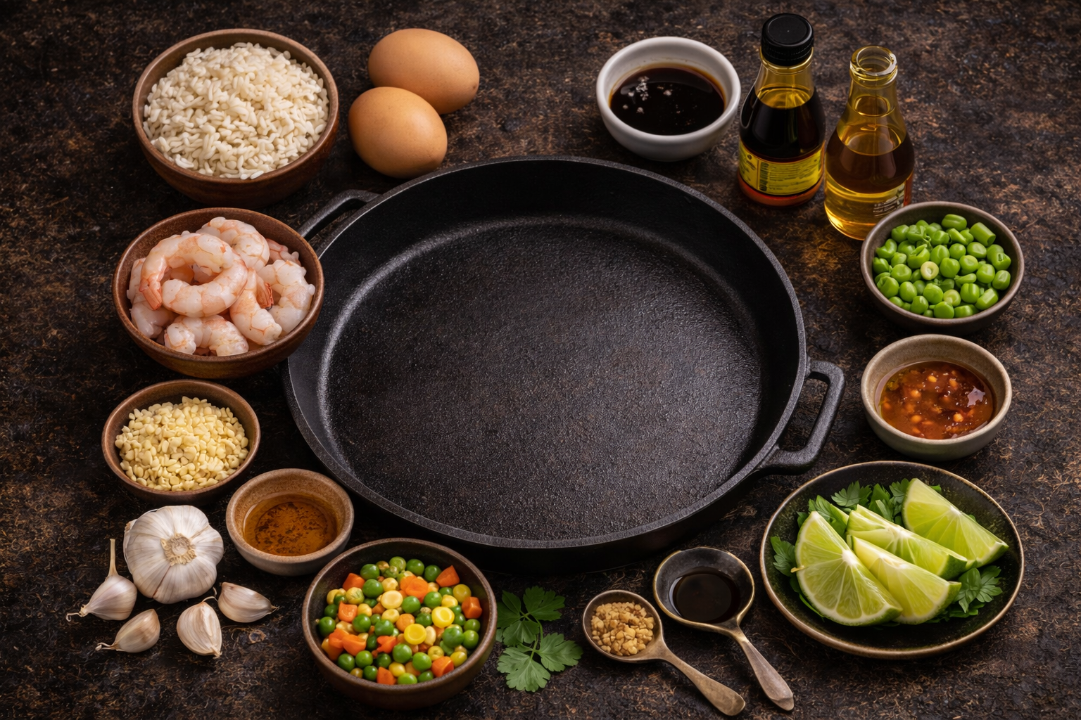 Top-down view of a cast-iron skillet surrounded by seafood, vegetables, eggs, and cooking sauces.
