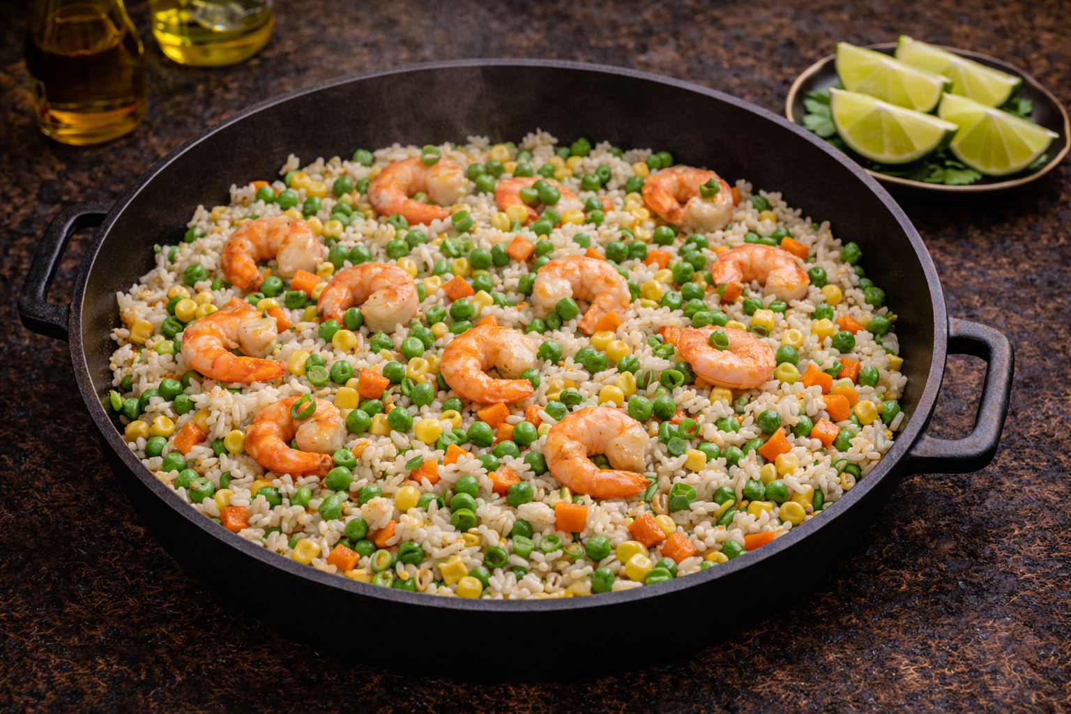 Shrimp and vegetable rice dish in a black skillet, with lime wedges on the side