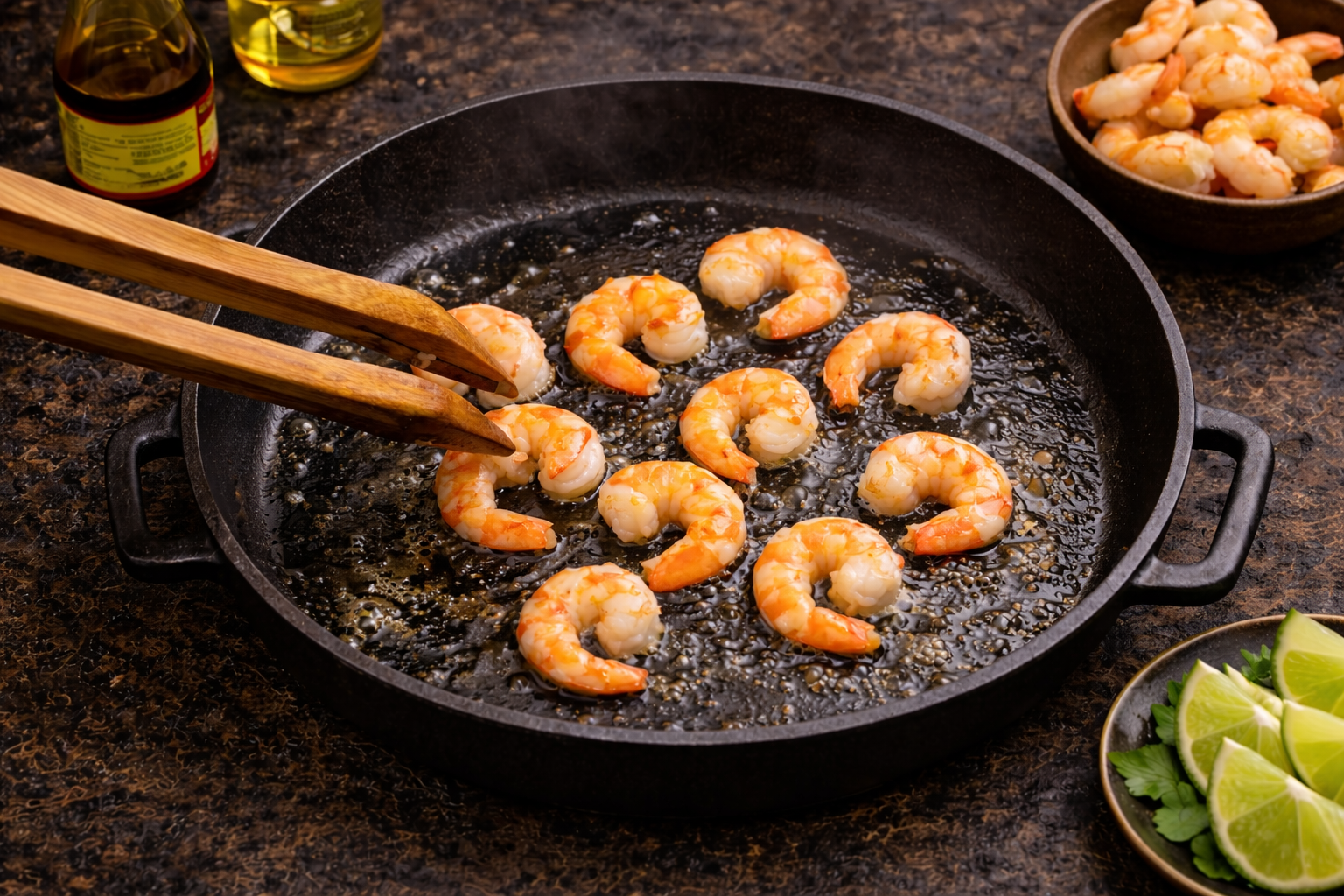 Shrimp frying in a skillet, with tongs, lime wedges, and sauce bottles nearby