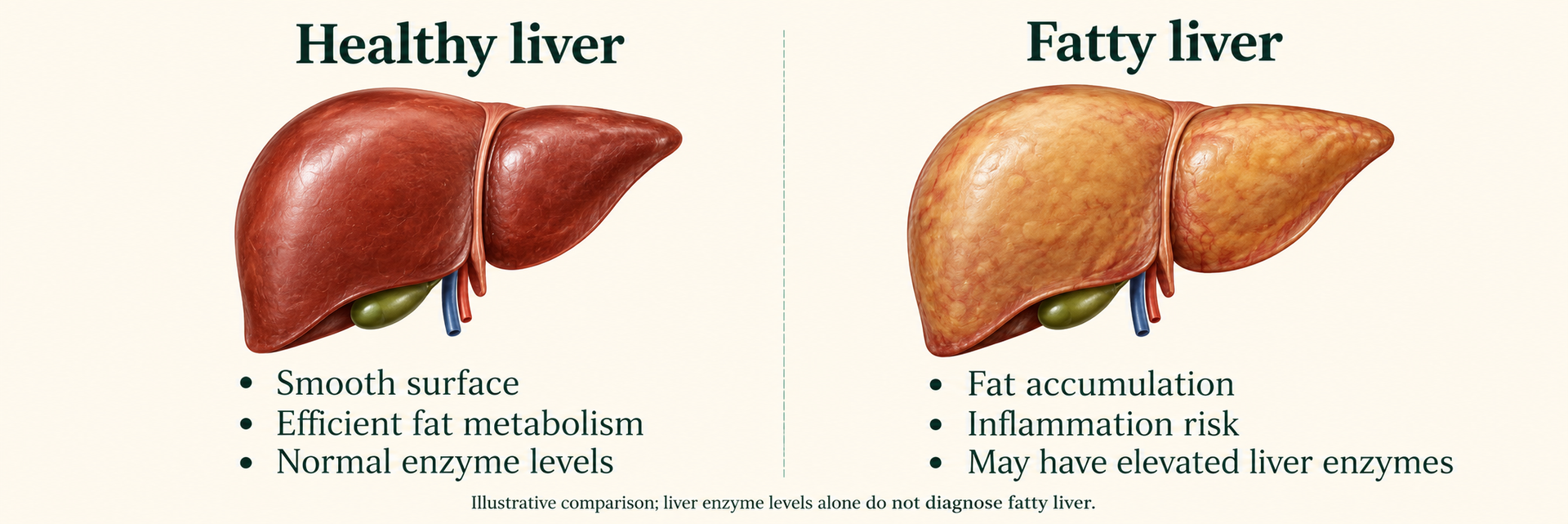 Side-by-side illustrations of healthy and unhealthy liver
