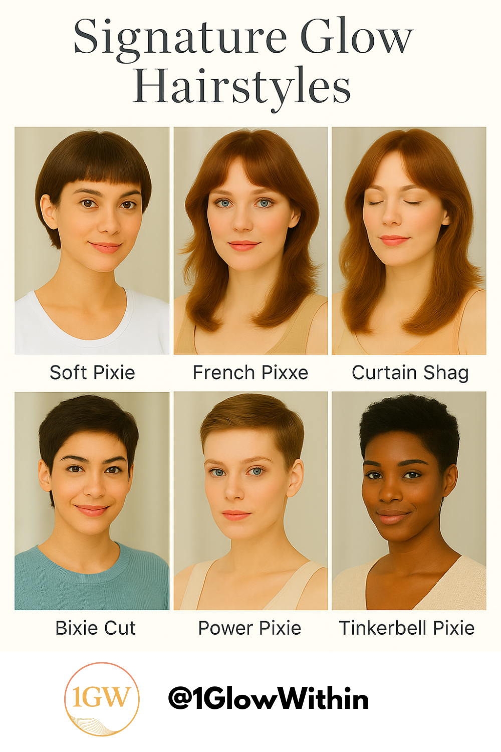 Signature Glow Hairstyles chart showing six short haircut styles with model headshots and labels