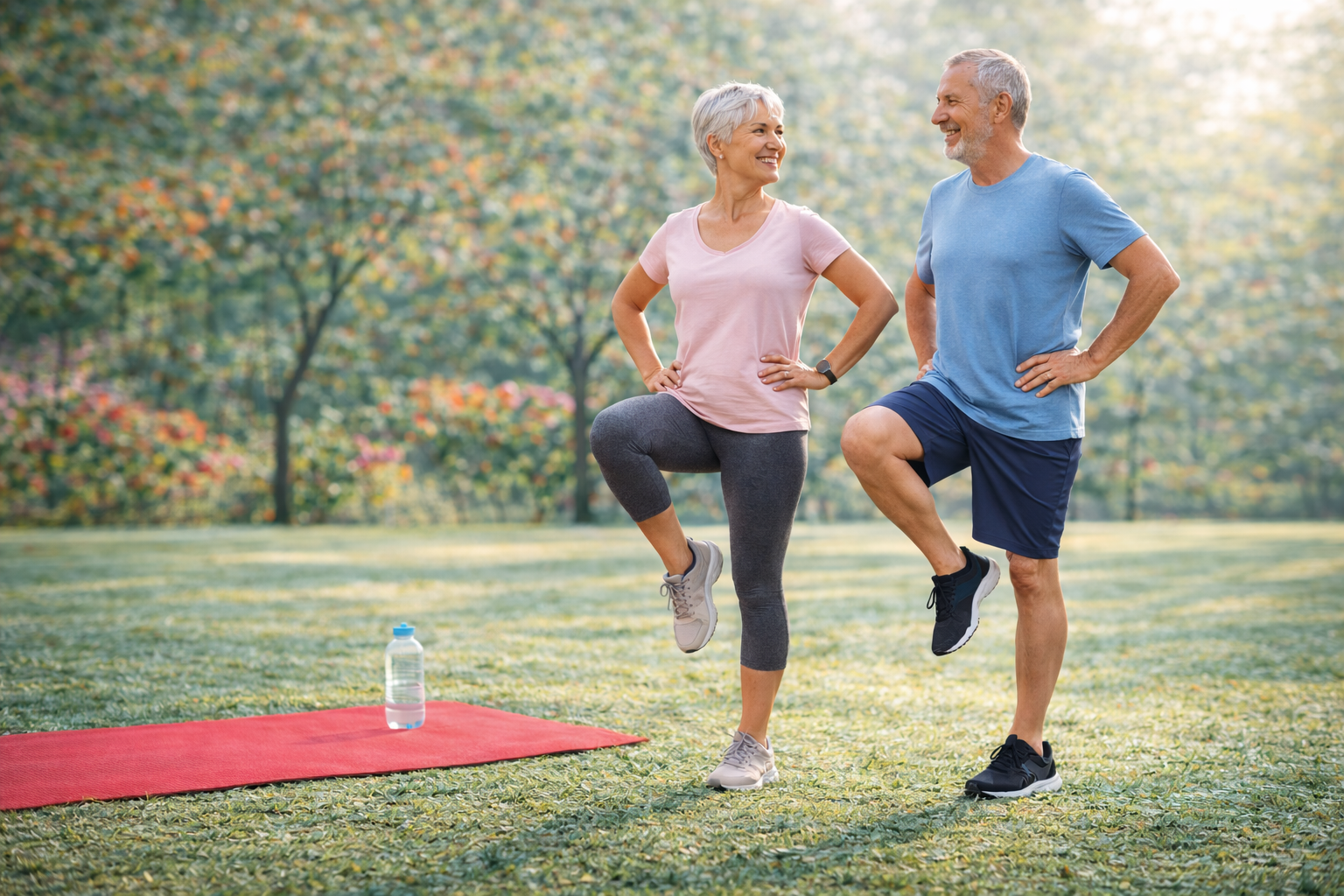 Two people exercising outdoors on grass near a red yoga mat, doing standing knee lifts.