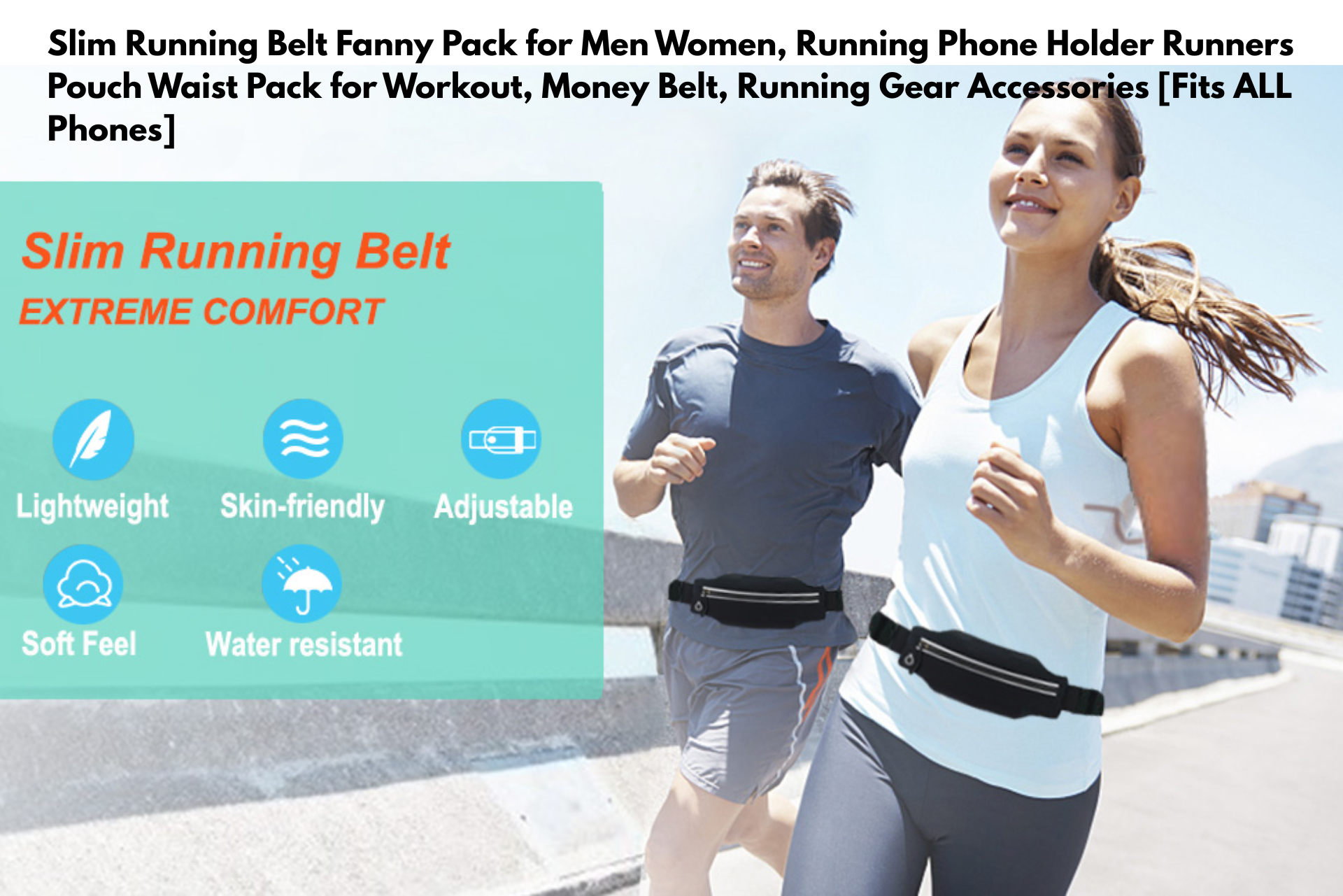 Promotional image of a slim running belt with runners on a road, highlighting comfort, water resistance, and adjustable fit