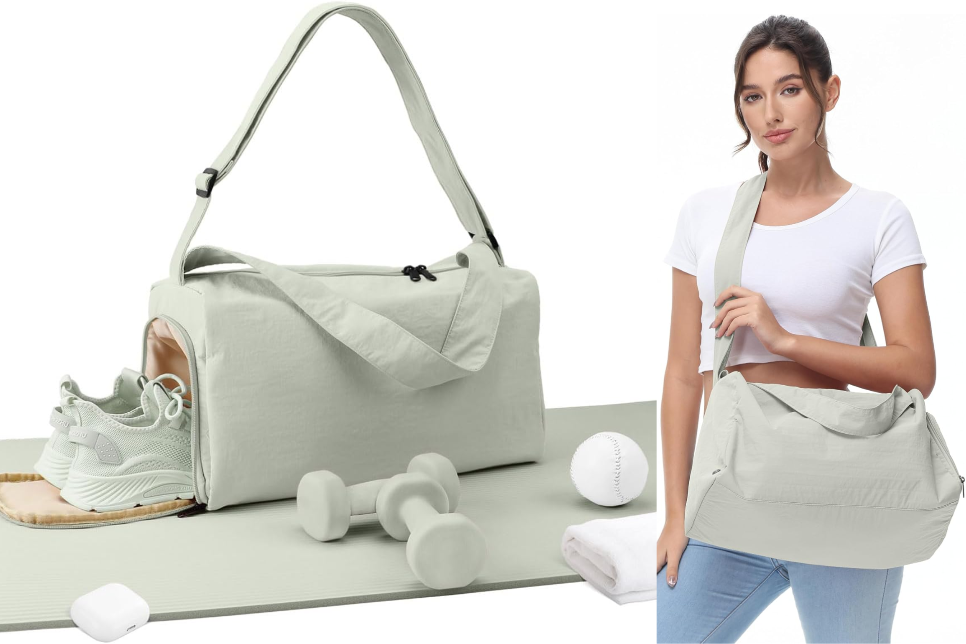 Light green tote bag with shoulder strap, shown with shoes and dumbbells; woman carrying it on the shoulder