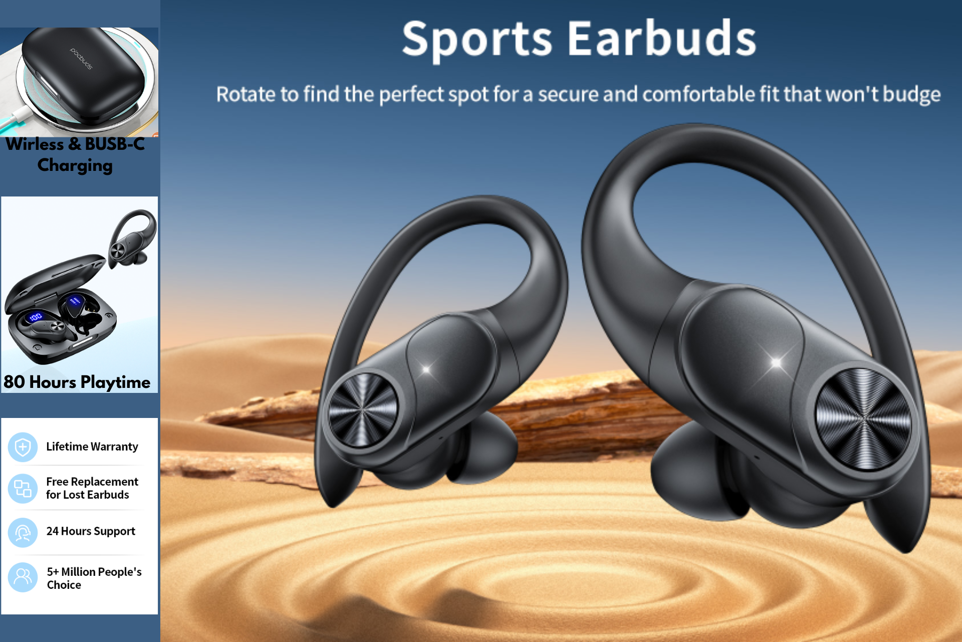 Sports earbuds on sand, black wireless ear-hook design, with close-up product features sidebar.