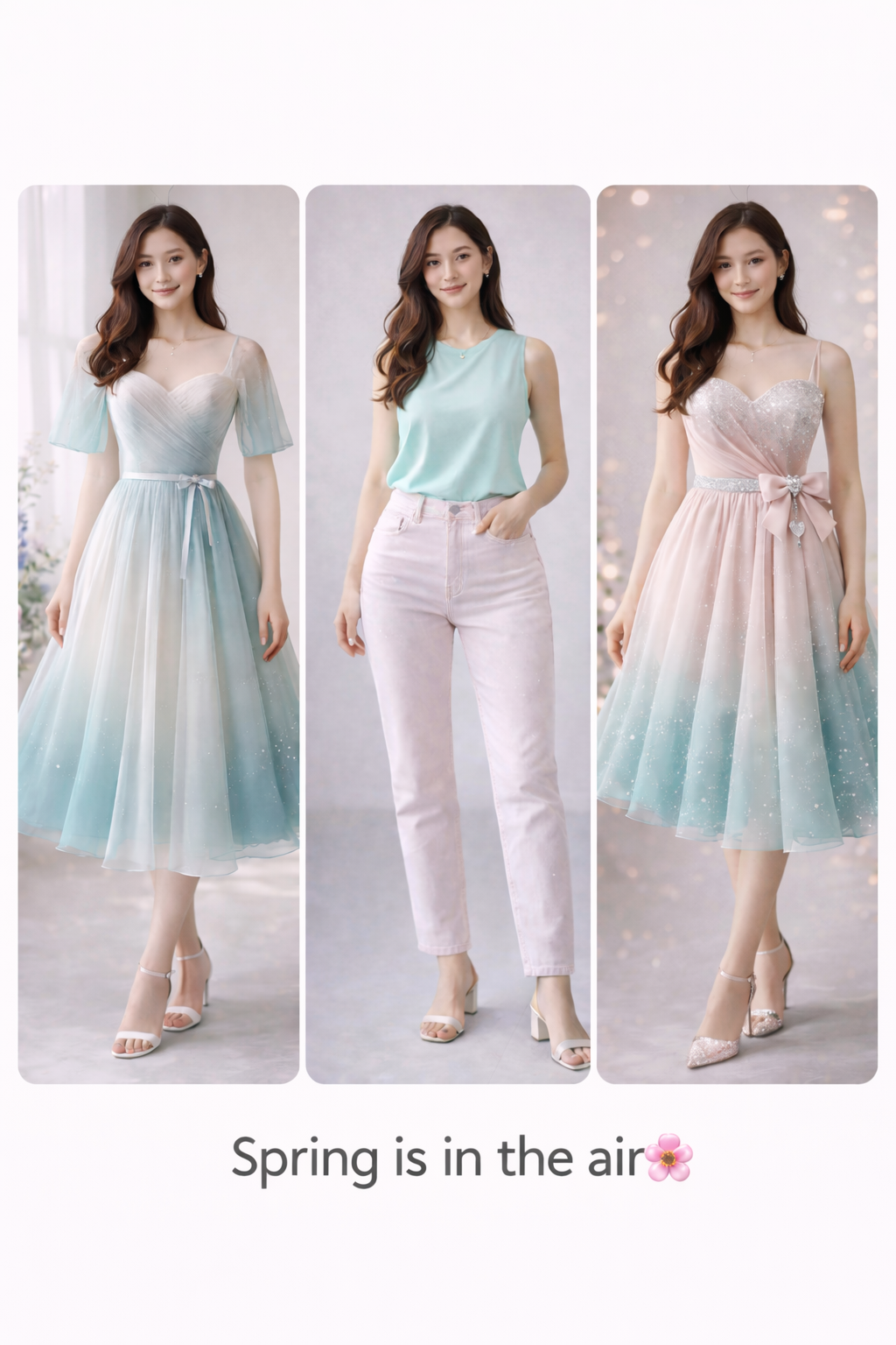 Three spring outfit looks: pastel dress, mint top with white pants, and floral pink dress, with “Spring is in the air” text