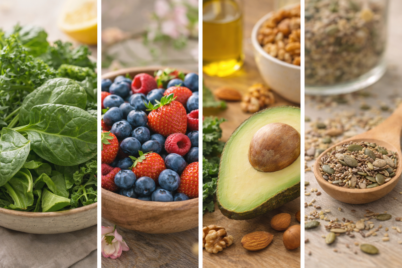 Four-panel collage of fresh greens, berries, avocado, and seeds with oil and nuts on a rustic surface