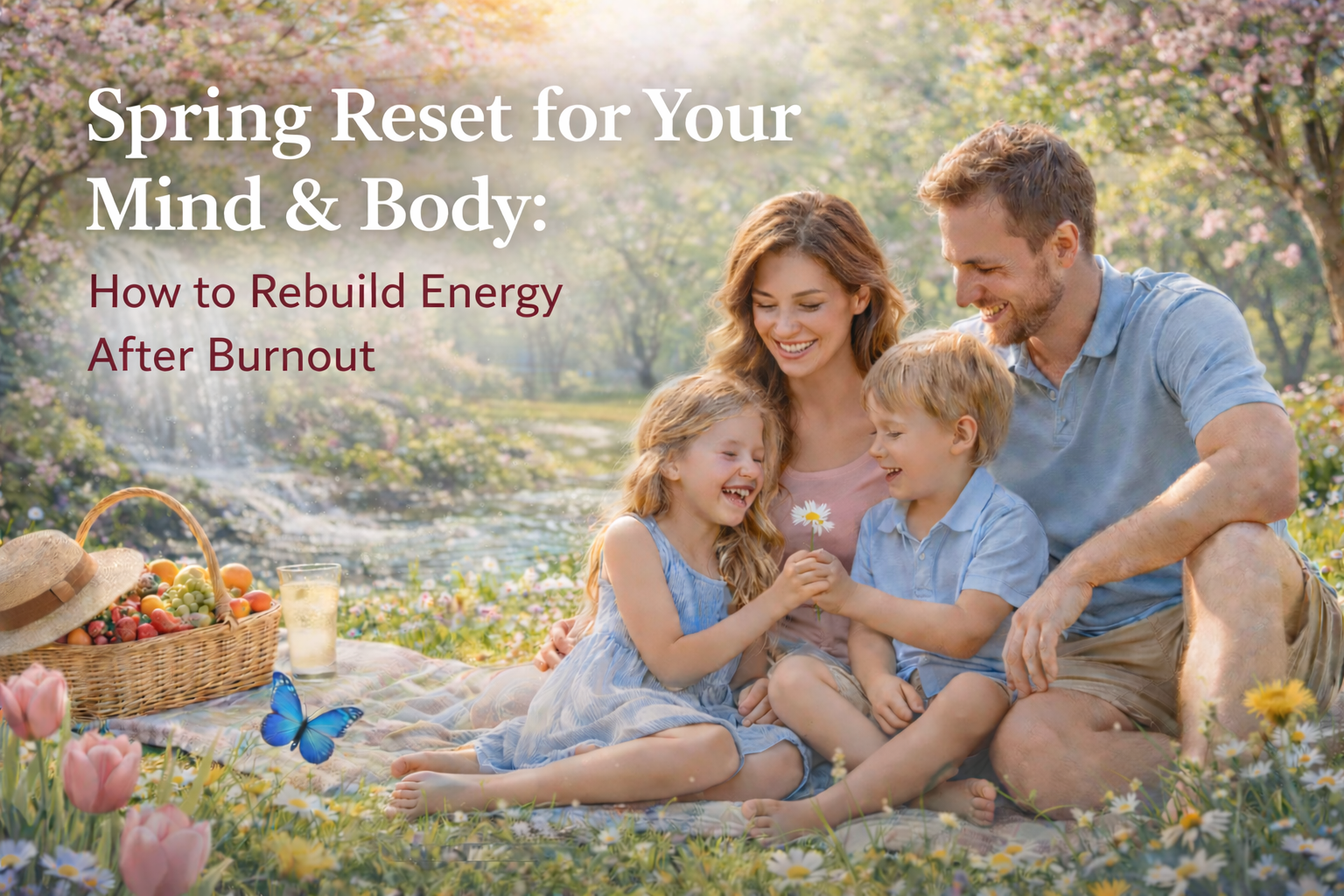 Family relaxing on a sunlit spring picnic blanket in a blooming garden with text: “Spring Reset for Your Mind & Body”