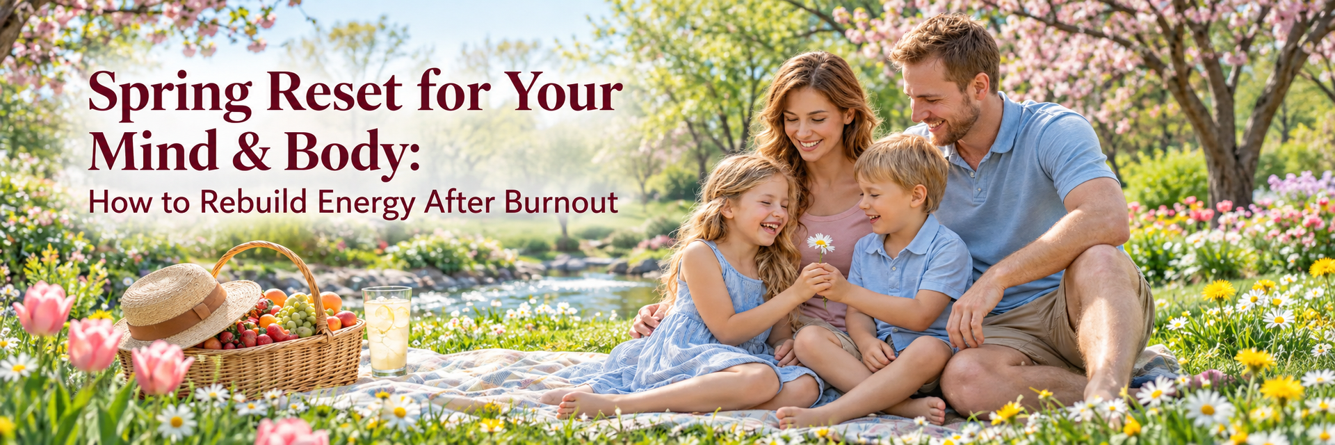 Family sitting on a flowered blanket in a sunny garden near a waterfall, smiling and sharing a picnic