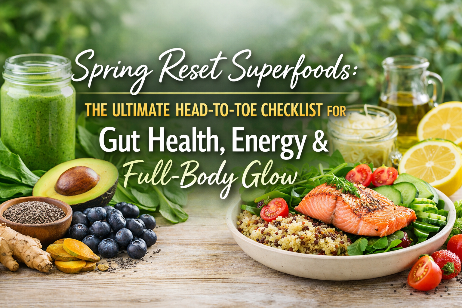 Spring Reset Superfoods promo with bowls of fresh fruit, salmon, grains, and vegetables on a rustic table