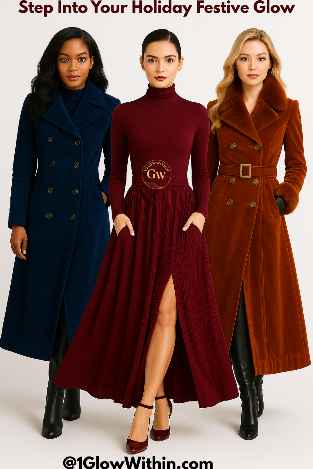 Three women modeling long holiday coats in navy, burgundy, and rust on a white background.