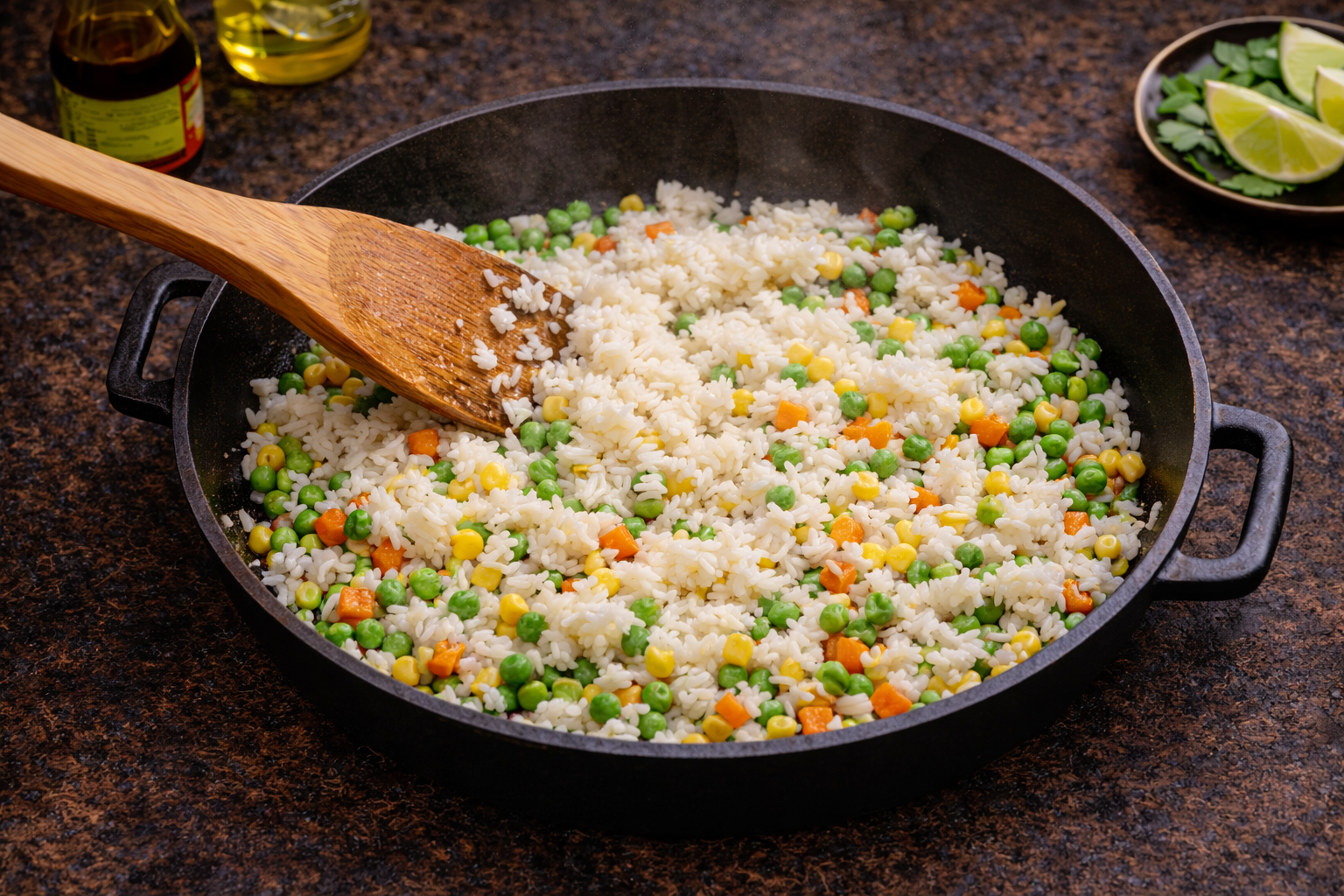 Fried rice with peas and carrots in a black skillet, stirred with a wooden spoon, with lime wedges nearby