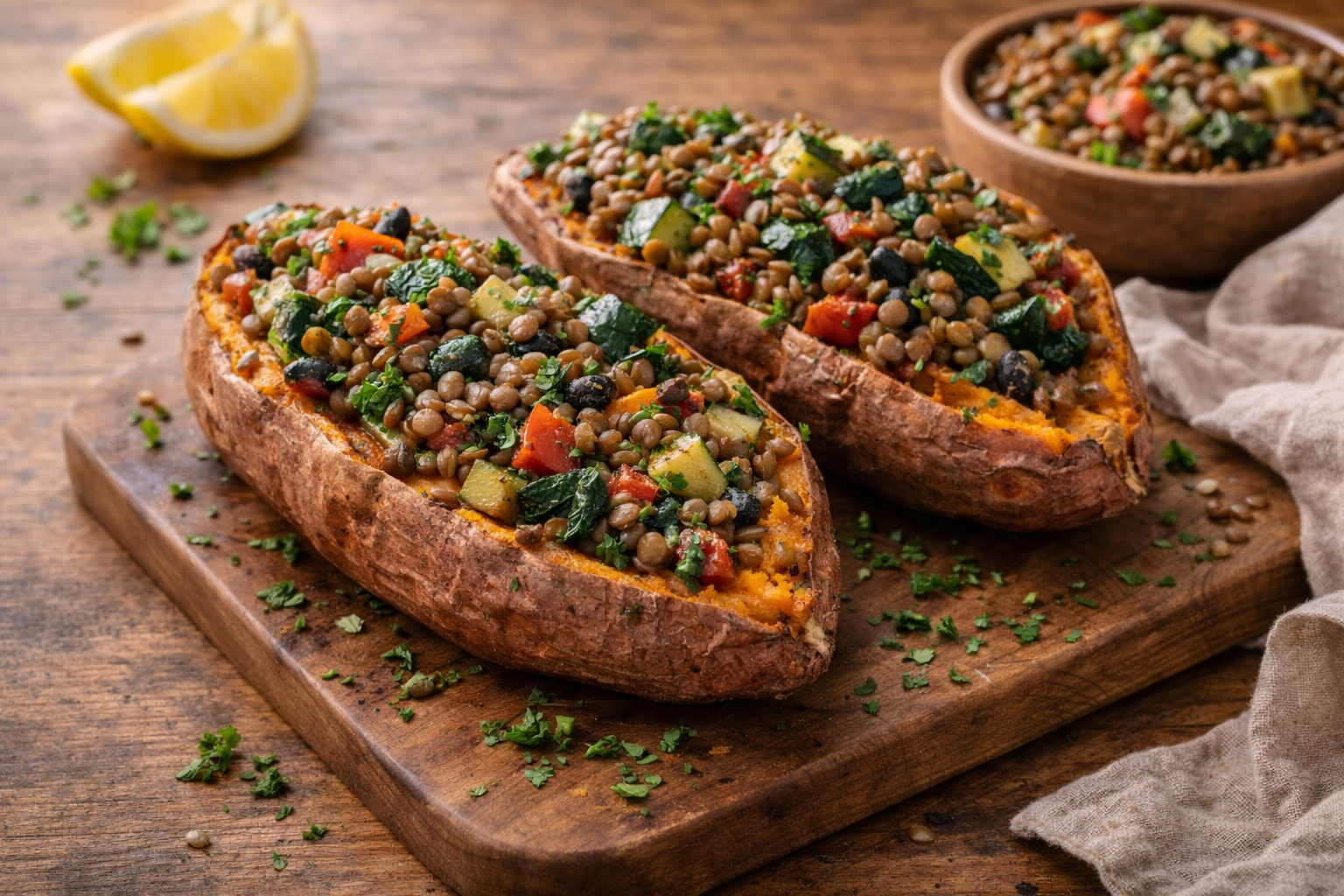 Stuffed baked potatoes with colorful vegetable filling on a wooden board, with lemon wedges nearby