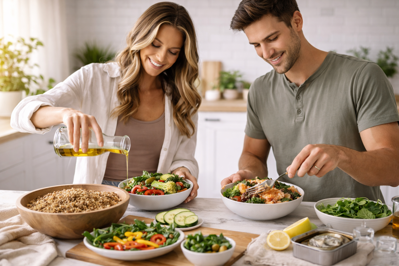 Two people serving a fresh salad spread in a bright kitchen