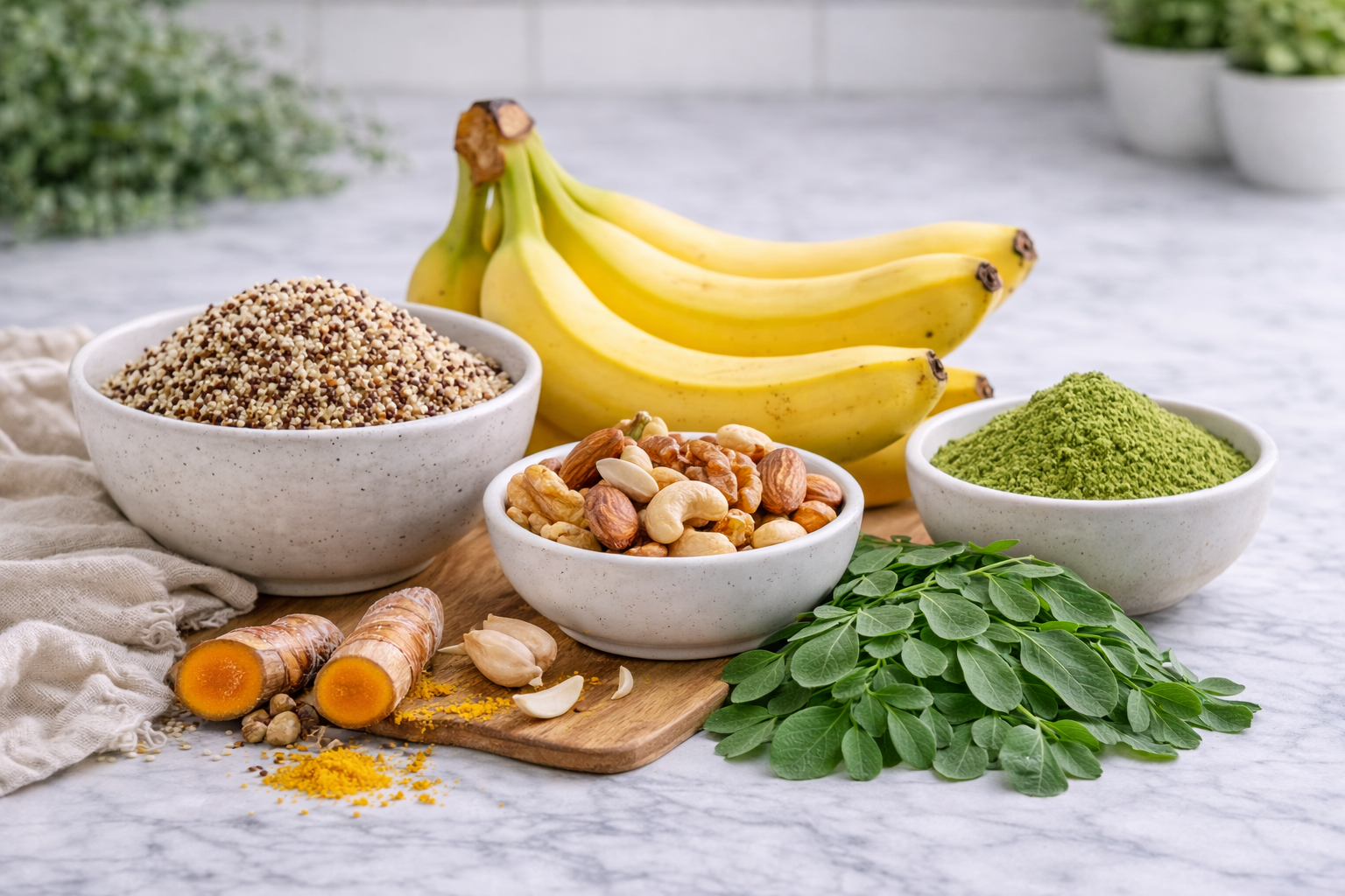 Bowl of grains, bananas, turmeric, nuts, and green powder with fresh moringa leaves on a marble counter