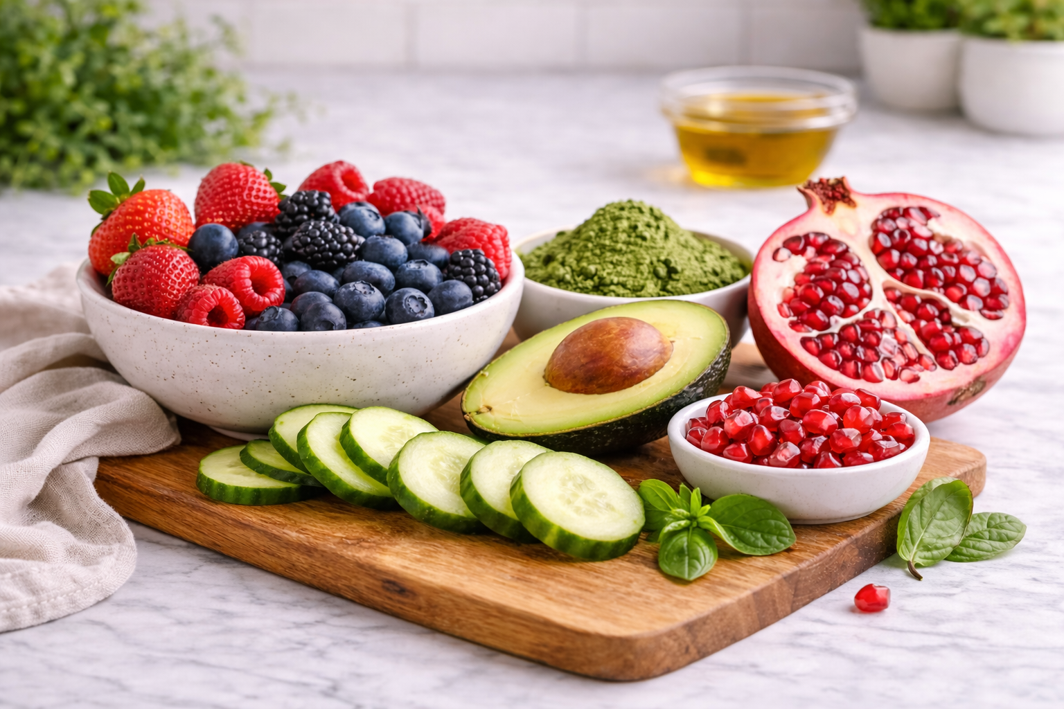 Wooden board with sliced avocado, cucumber, pomegranate, berries, and a bowl of mixed berries on a table