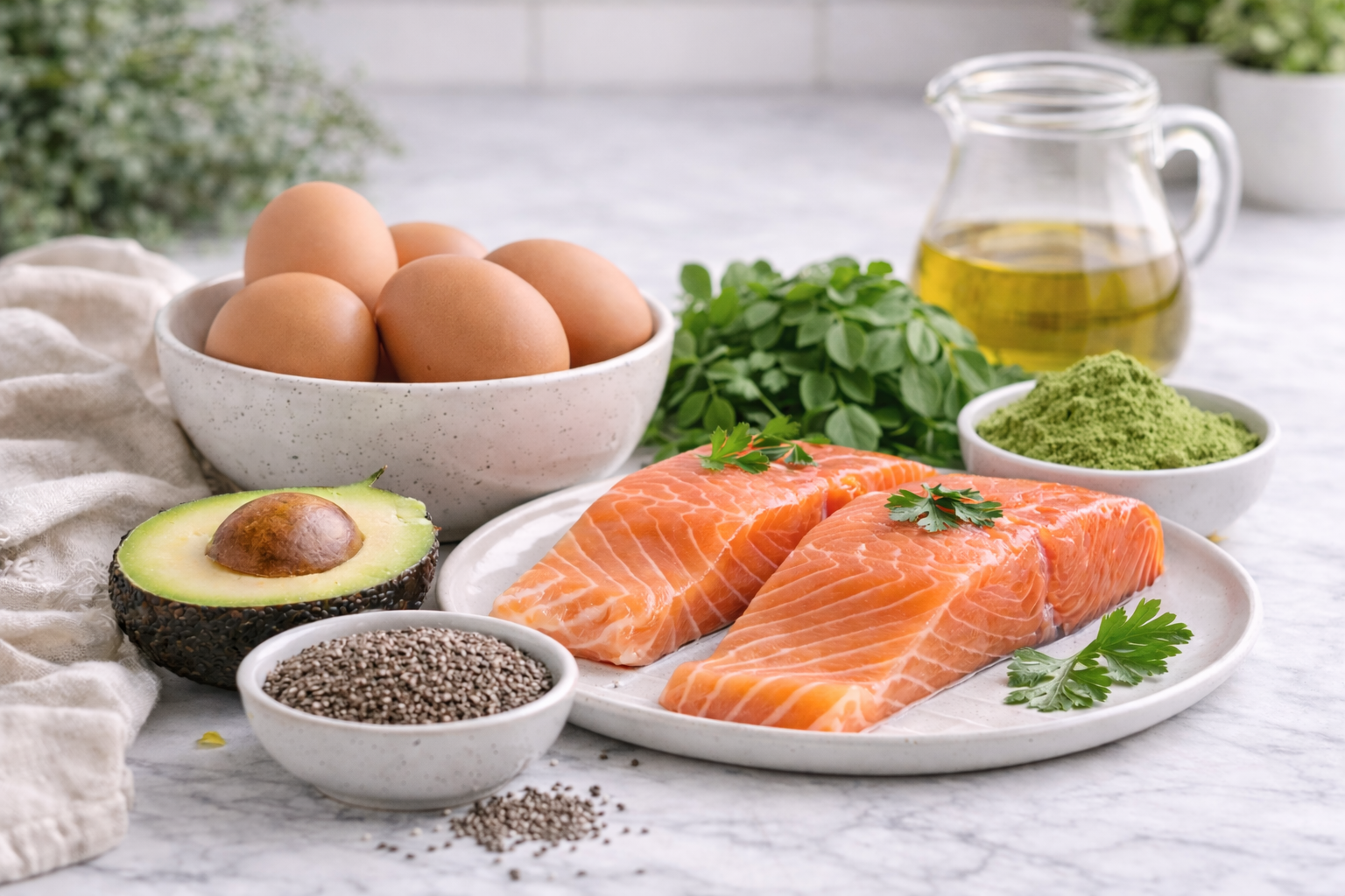 Salmon fillets, eggs, avocado, chia seeds, olive oil, and herbs arranged on a marble countertop