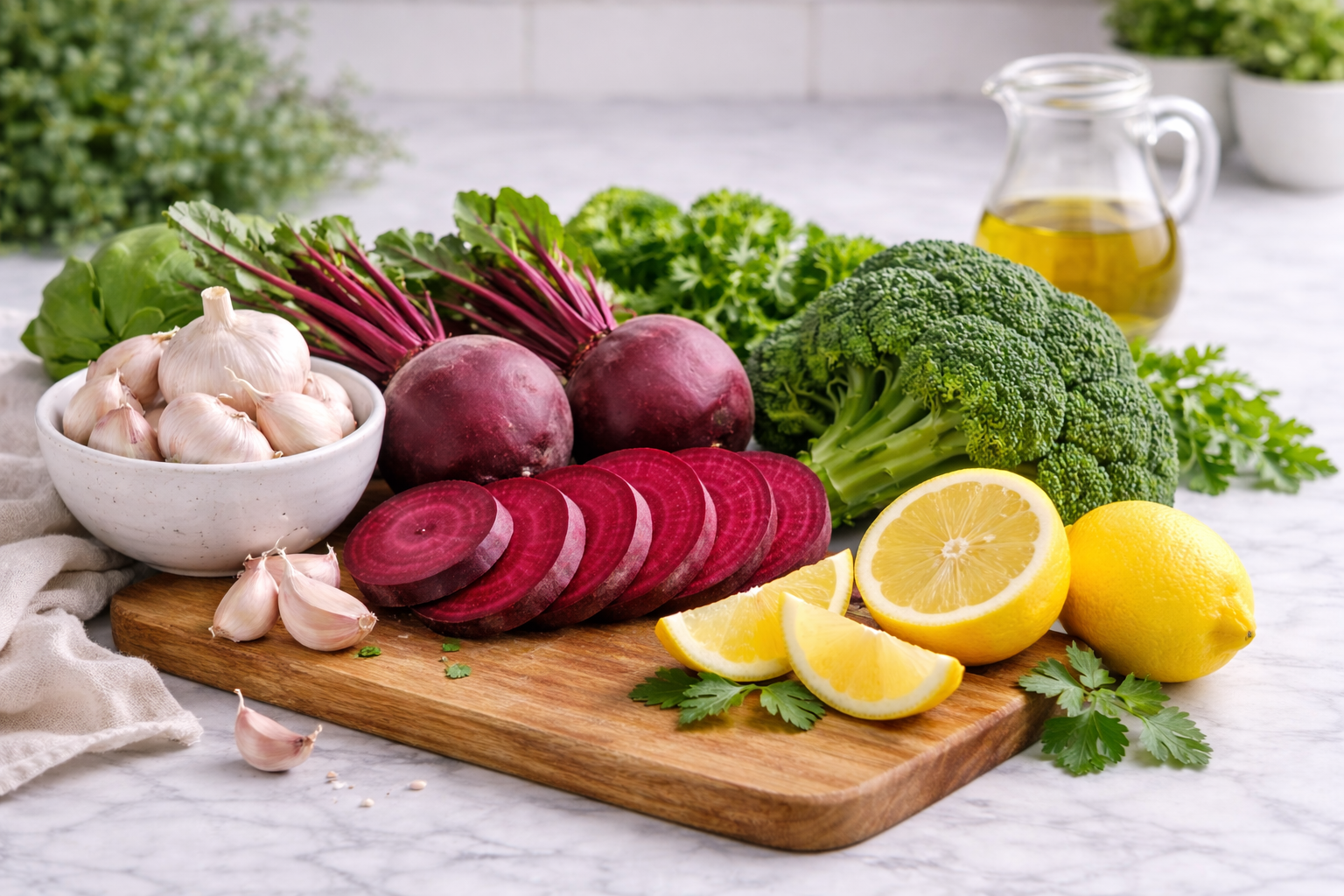 Fresh vegetables and garlic on a cutting board with lemon wedges and olive oil in a bright kitchen scene