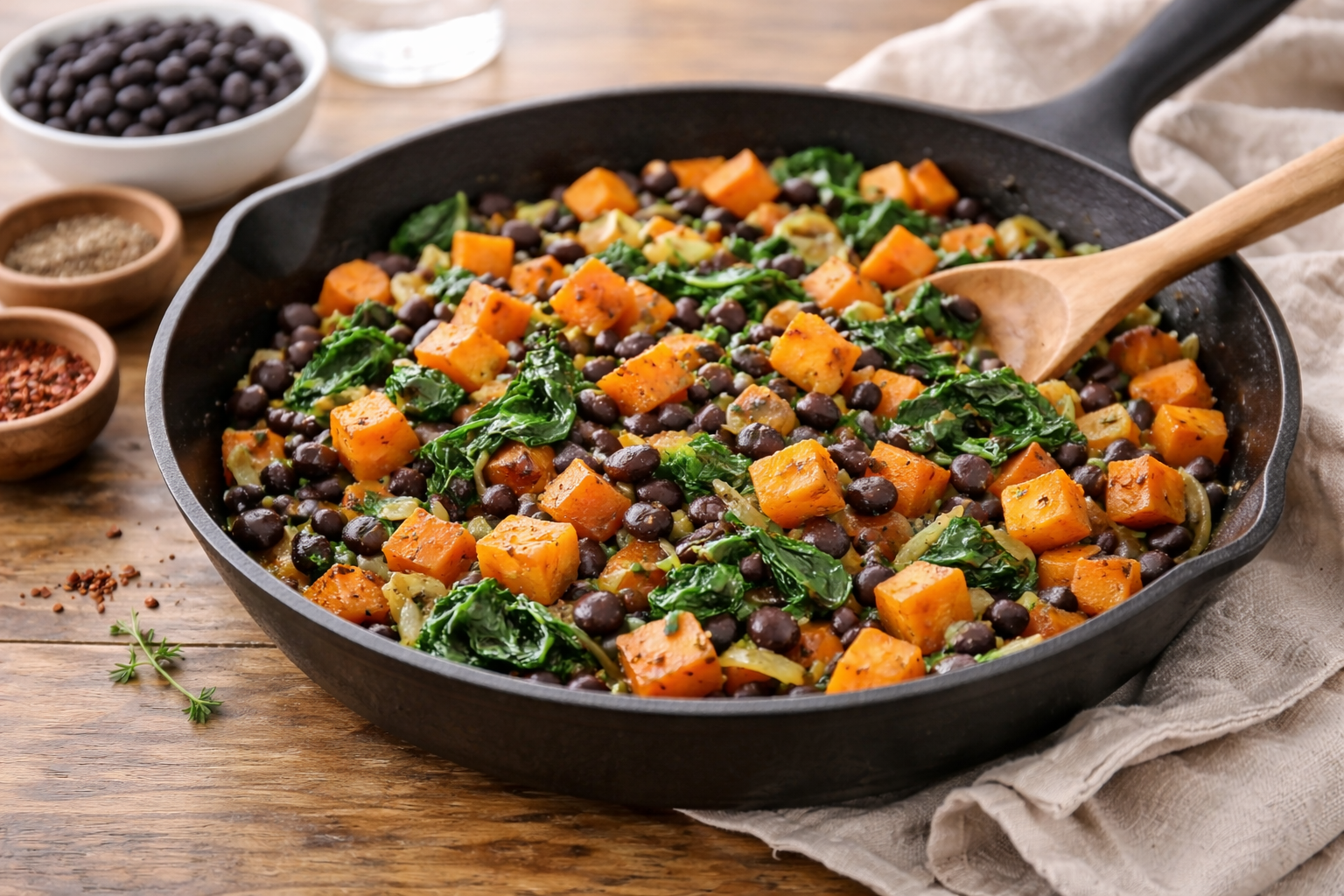 Skillet of black beans and roasted squash topped with herbs, served on a rustic table with wooden spoon