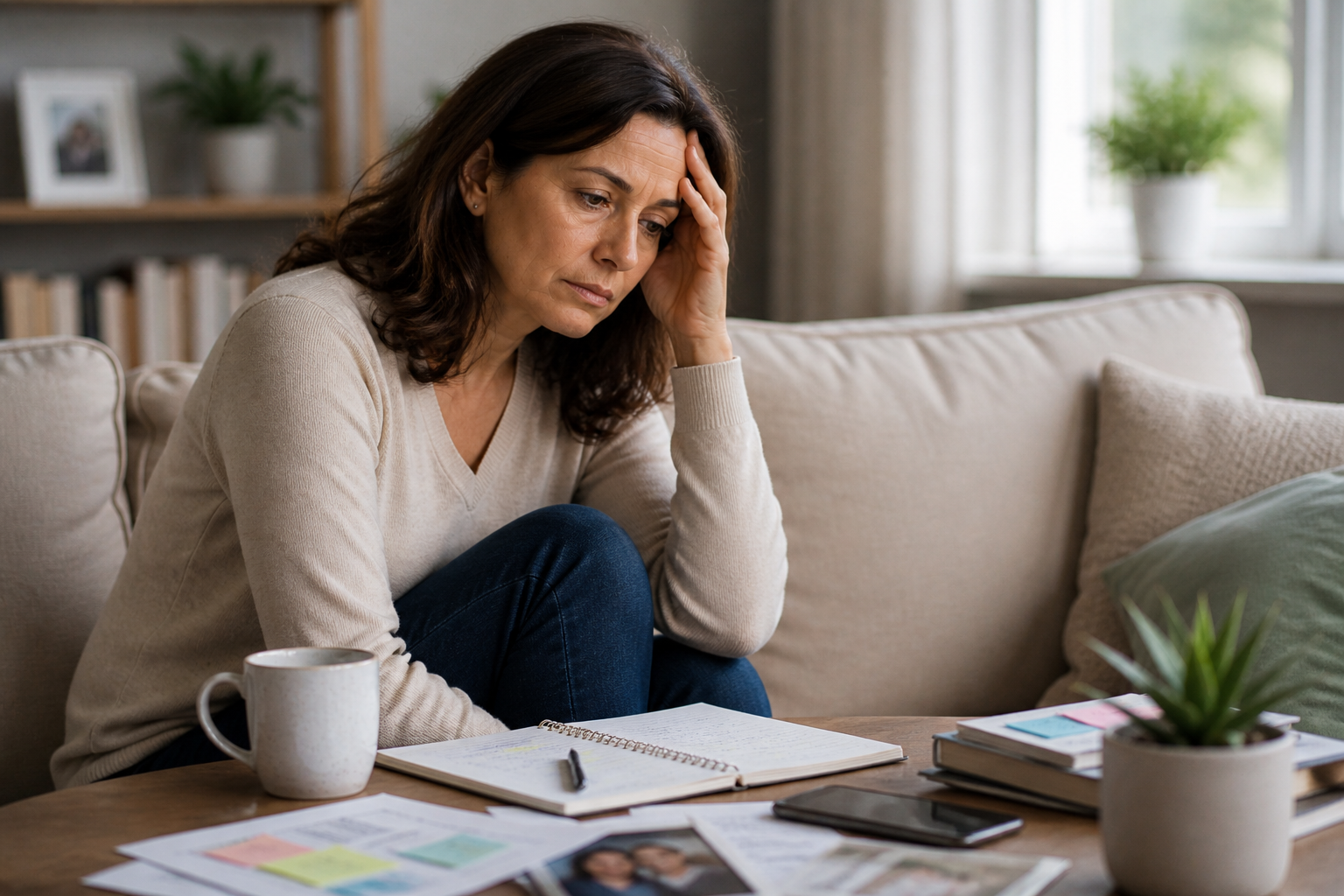 Person sitting on a couch, holding their head and looking stressed beside a notebook and coffee mug