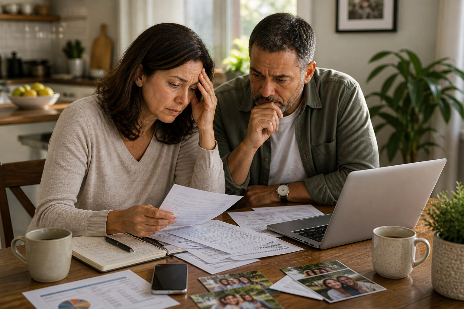 Couple reviewing bills and paperwork at a kitchen table with a laptop, looking stressed