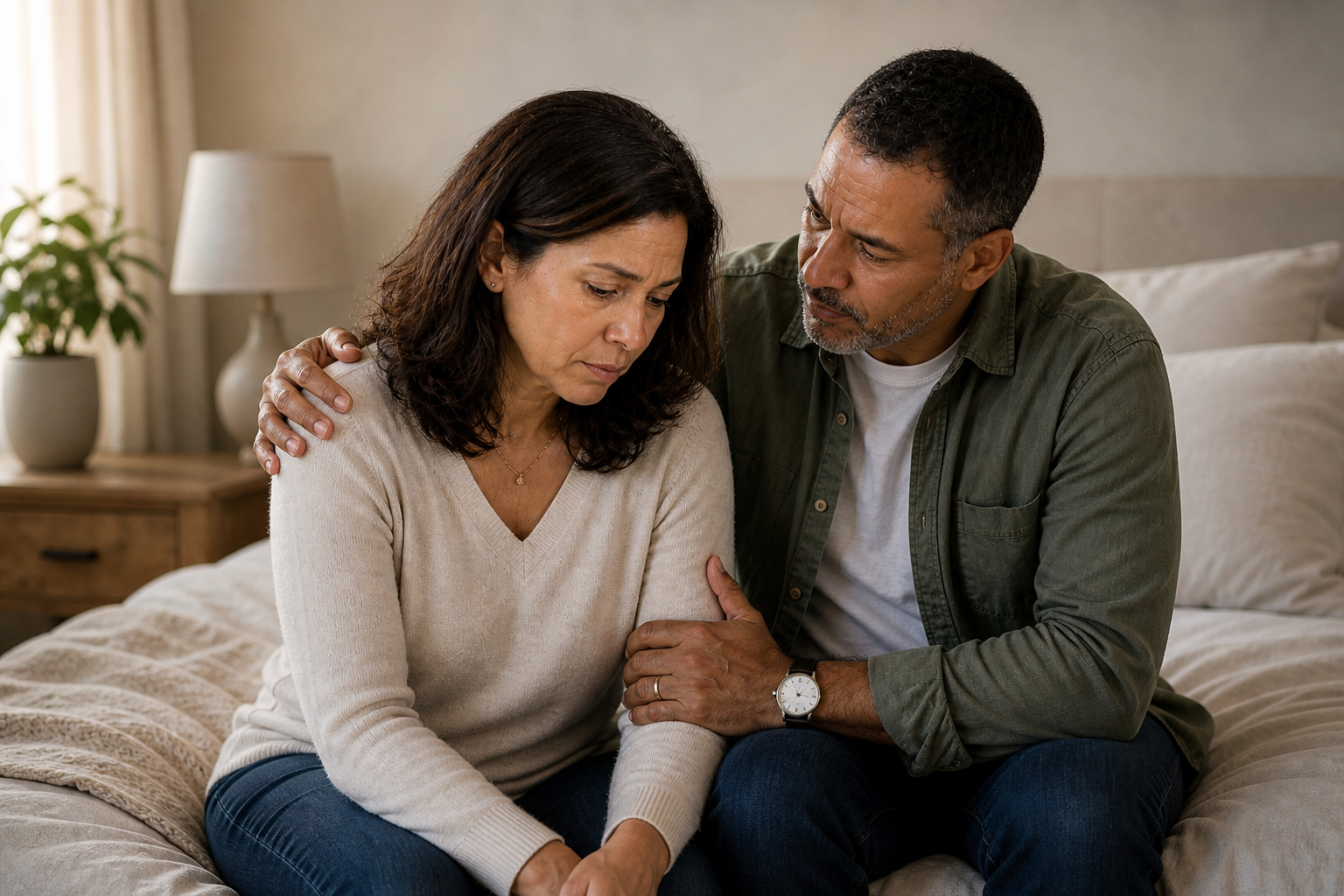 Two people sit on a bed, one comforting the other with a hand on her arm.