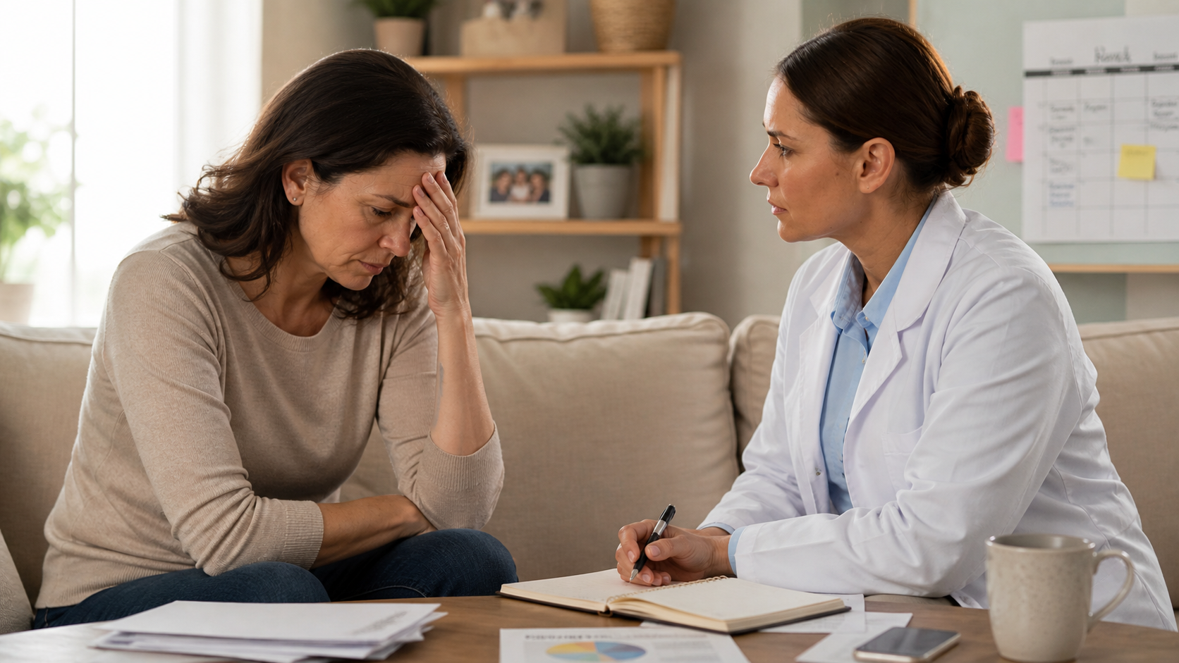 Two women sit on a couch in a counseling session, one speaking while the other listens and takes notes.