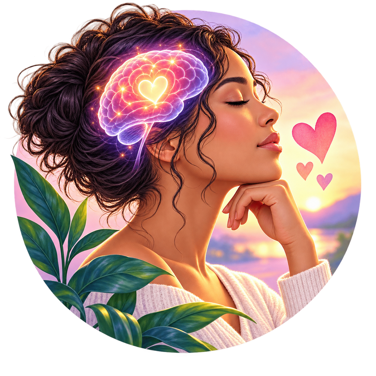 Profile of a woman with glowing heart-brain and floating hearts at sunset, in a dreamy floral setting