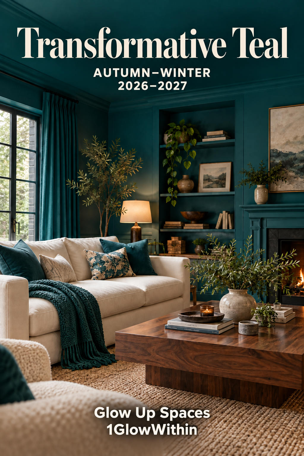 Transformative Teal living room with ivory sofa and natural wood