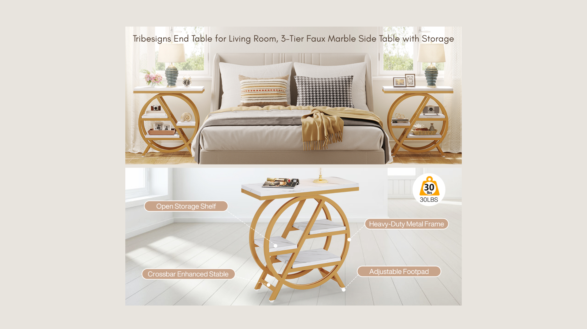 White circular wooden side table with gold accents shown in bedroom and on white background, with callout labels