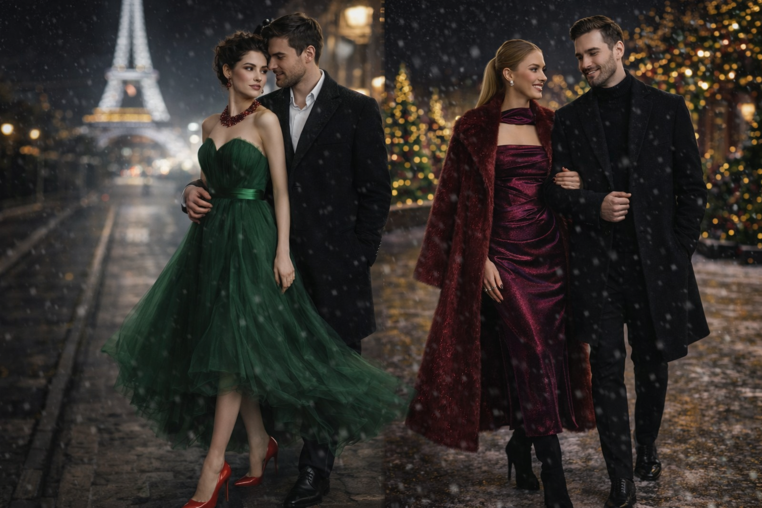 Two couples in formal attire stroll arm in arm near the Eiffel Tower at night.