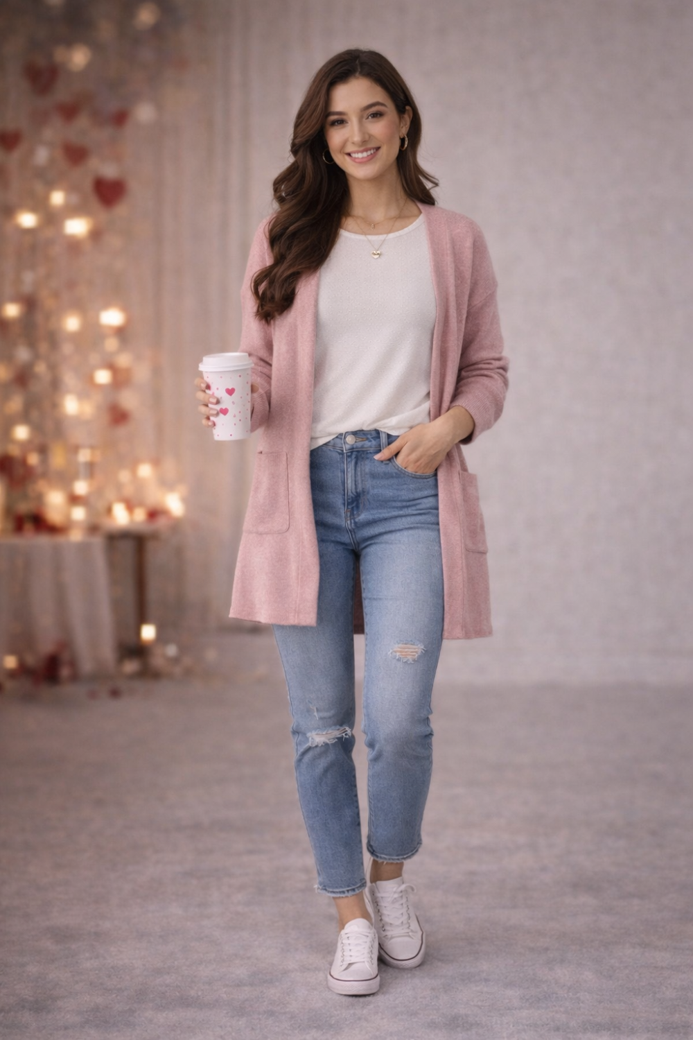 Woman walking indoors holding a coffee cup, wearing a pink cardigan, white top, jeans, and sneakers.