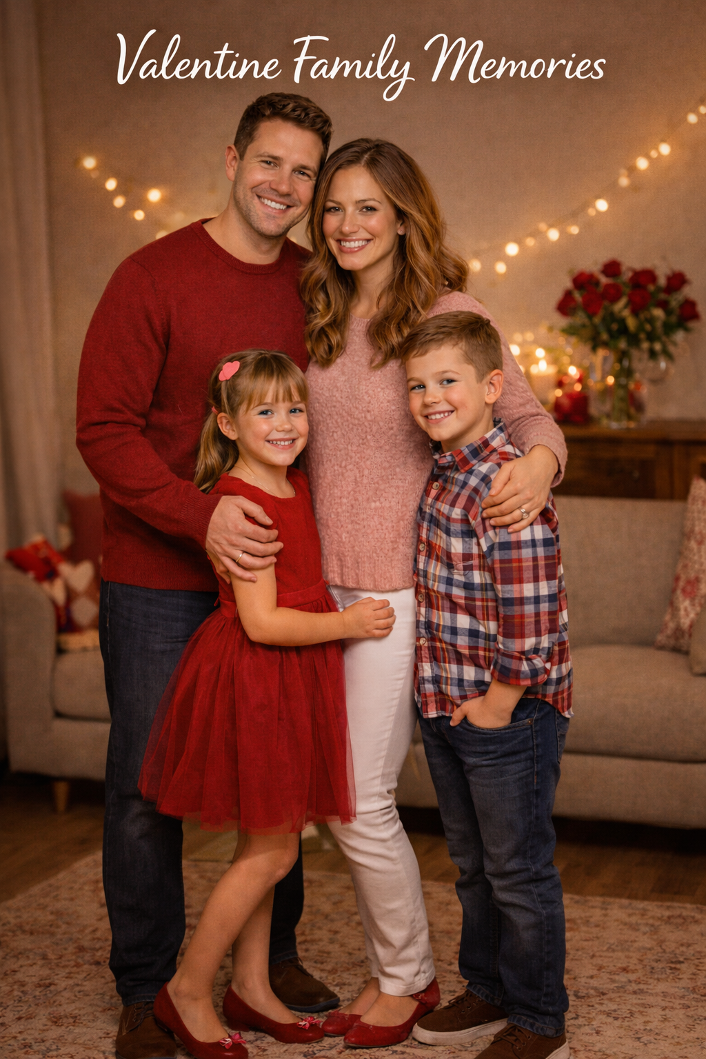 Family of four posing indoors in festive attire with string lights and flowers in the background.