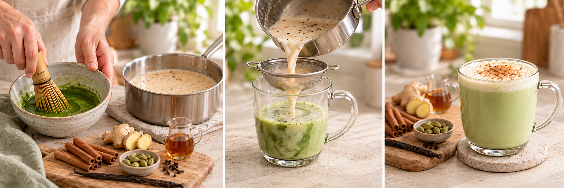 Vanilla chai matcha preparation with whisked green tea, strained spiced milk, and a creamy latte.