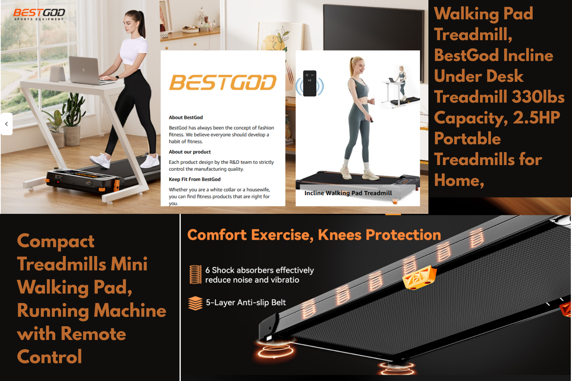 BESTGOD compact under-desk walking pad treadmill, black with remote control and display panels
